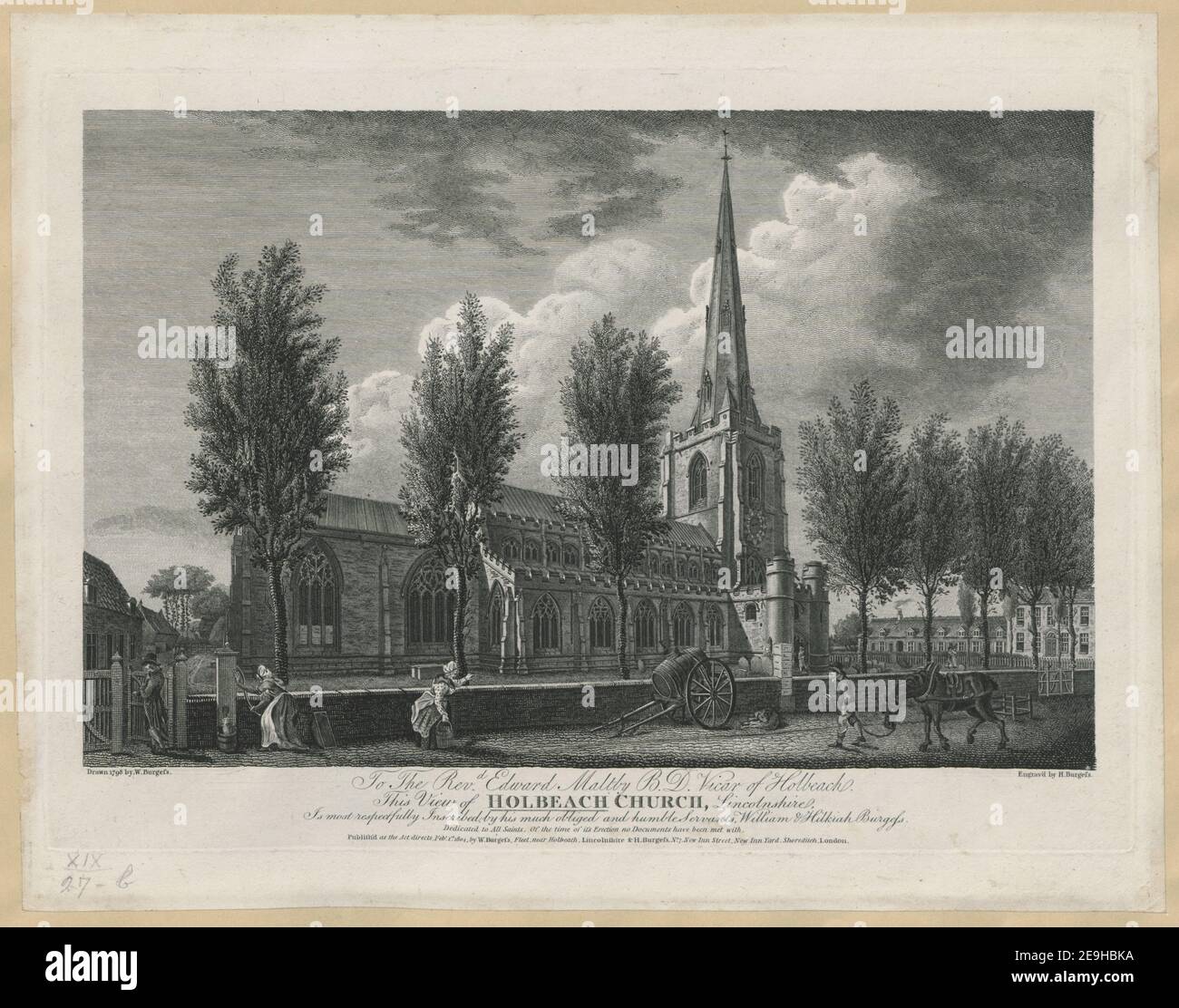 An den Rev.d Edward Maltby B.D. Vikar von Holstrand. Diese Ansicht der Holbeach Kirche, Lincolnshire, ist höchst respektvoll eingeschrieben, durch seine viel gestand und bescheidenen Diener, William & Hilkiah Burgess. Autor Burgess, Hilkiah 19,27.B. Ort der Veröffentlichung: [London] Verlag: Publish'd as the Act directs, Feb.y 1.st. 1804, von W. Burgess, Fleet, near Holbeach, Lincolnshire , H. Burgess, No. 7, New Inn Yard, Shoreditch, London., Erscheinungsdatum: [1804] Objekttyp: 1 Druckmedium: Radierung und Gravur Maße: Platemark 25,7 x 36,1 cm Alteigner: George Stockfoto