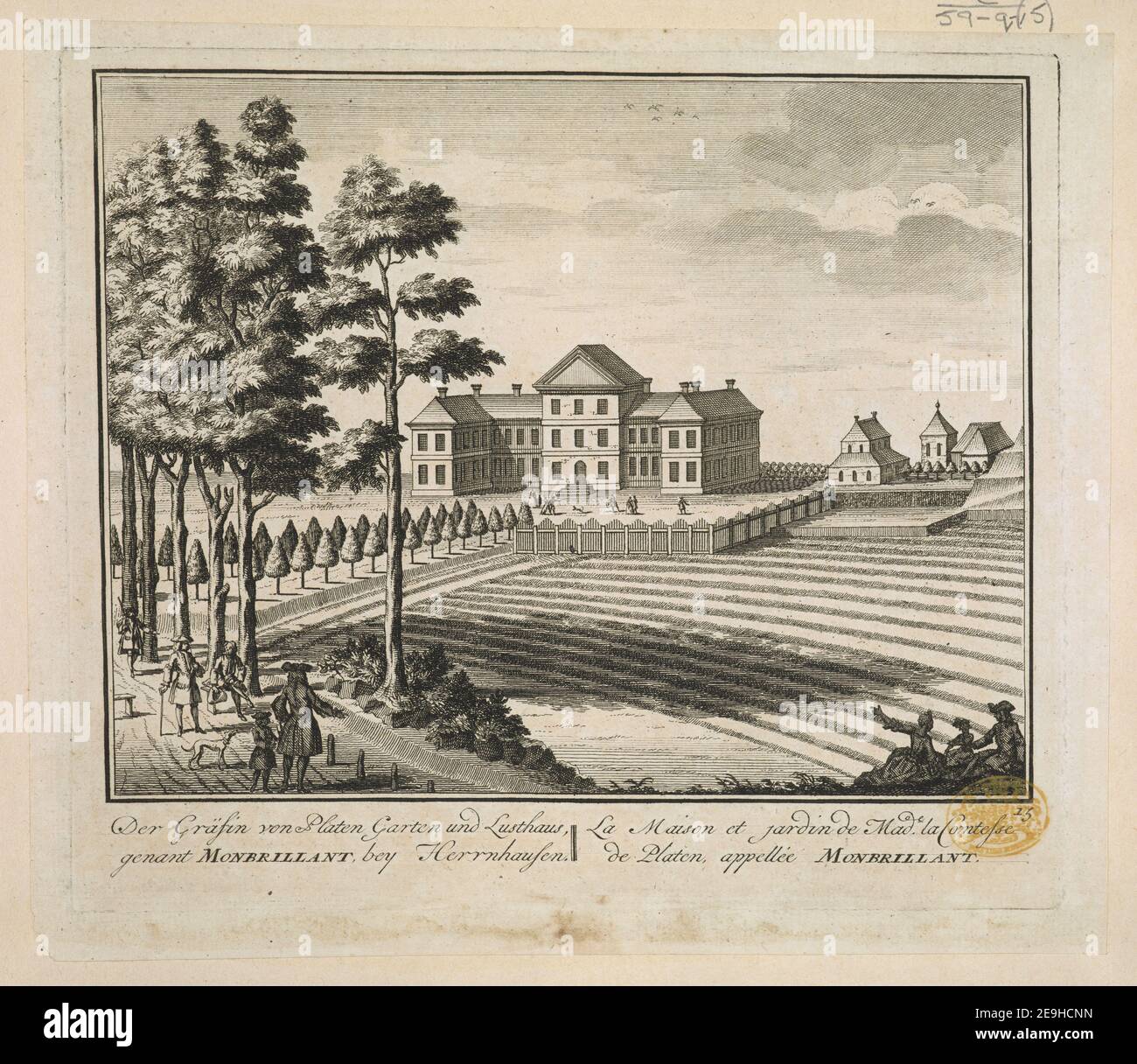 Der GraÃàfin von Platen Garten und Lusthaus genant MONBRILLANT, bey Herrnhausen = La Maison et jardin de Mad.e la Comtesse de Platen appelleÃÅe MONBRILLANT. Autor Sassen, Joost van 100,59.q.(15) Erscheinungsort: [Amsterdam] Verlag: [Pierre Schenk] Erscheinungsdatum: [Ca. 1720] Objekttyp: 1 Druck Medium: Radierung und Gravur Maße: Plattenmark 17,8 x 20,5 cm, auf Blatt 19,2 x 22,5 cm ehemaliger Besitzer: Georg III., König von Großbritannien, 1738-1820 Stockfoto