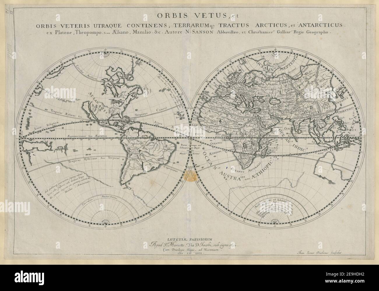 ORBIS VETUS, ET ORBIS VETERIS UTRAQUE CONTINENS, TERRARUM.Q. TRACTUS ARCTICUS, et ANTARCTICUS Autor Sanson, Nicolas 2,12. Erscheinungsort: LUTETI√Ü PARISIORUM Verlag: Apud P. Mariette, Via D Jacobi, sub signo spei, Erscheinungsdatum: 1657. Objekttyp: 1 Karte Medium: Kupferstich Maße: 25,9 x 51,5 cm ehemaliger Besitzer: George III, König von Großbritannien, 1738-1820 Stockfoto