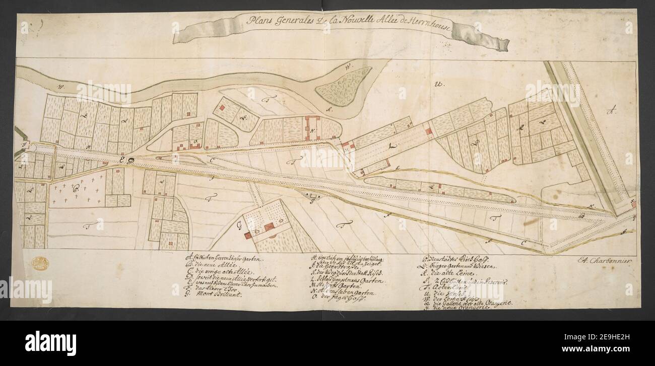 Pläne Generales De la Nouvelle AlleÃÅe de Herrnhouse. Autor Charbonnier, E. A. 100,59.r. Erscheinungsort: [Deutschland?] Verlag: E. A. Charbonnier, Erscheinungsdatum: [Um 1726.] Objekttyp: 1 Karte auf 2 Blatt Medium: Verbunden, Handschriftenstift und Tusche mit Waschfarbe Maße: 23,5 x 76 cm, auf Blatt 36,4 x 76,8 xm ehemaliger Besitzer: George III., König von Großbritannien, 1738-1820 Stockfoto