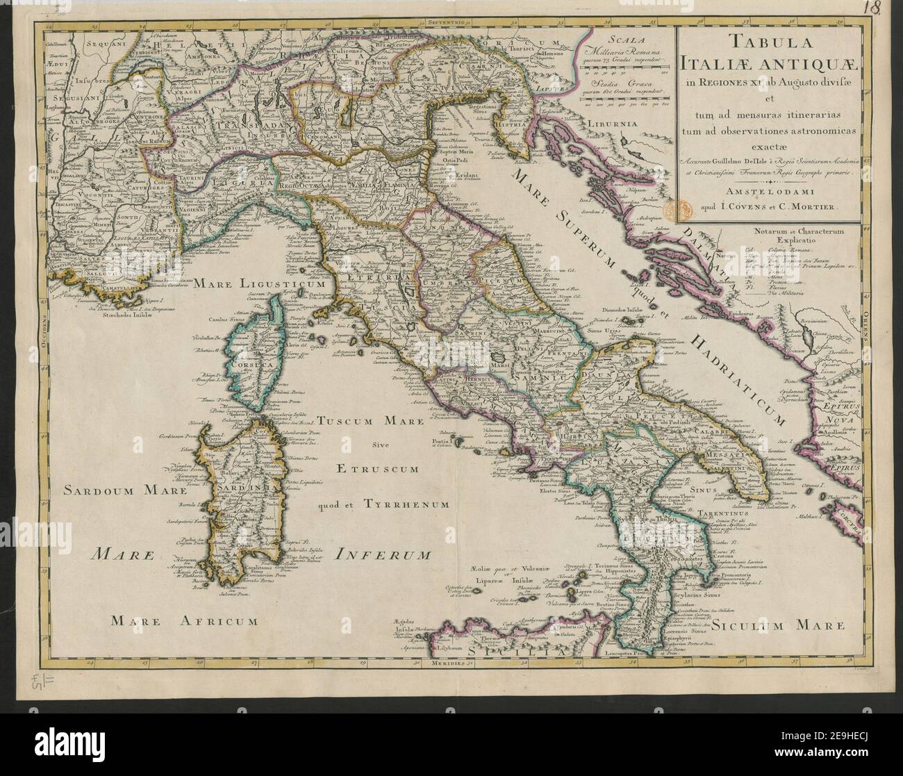 Tabula ITALI√Ü ANTIQU√Ü in REGIONES XI ab Augusto divis√¶ et tum ad mensuras itinerarias tum ad observationes astronomicas exact√¶ Autor L'Isle, Guillaume de 2,45. Erscheinungsort: AMSTELODAMI Verlag: Apud I. COÃÅVENS et C. MORTIER, Erscheinungsdatum: [1739?] Objekttyp: 1 Karte Medium: Handkolorierter Kupferstich Maße: 46,2 x 59,8 cm ehemaliger Besitzer: George III, König von Großbritannien, 1738-1820 Stockfoto