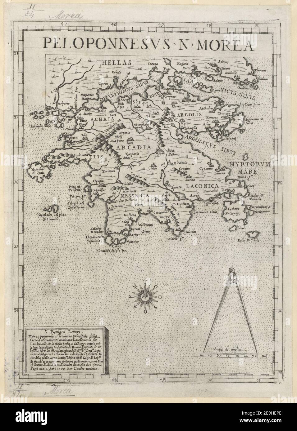 PELOPONNESVS N MOREA. Karteninformationen: Titel: PELOPONNESVS N MOREA. 2,84. Erscheinungsort: [Rom] Verlag: Claudio Ducheto, Erscheinungsdatum: 1570. Objekttyp: 1 Karte Medium: Kupferstich Maße: 31,2 x 22,6 cm ehemaliger Besitzer: George III, König von Großbritannien, 1738-1820 Stockfoto