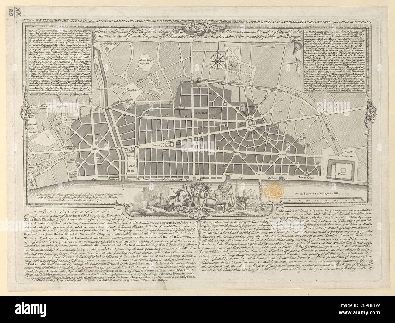 EIN PLAN FÜR DEN WIEDERAUFBAU DER STADT LONDON NACH DEM GROSSEN BRAND IM JAHR 1666 AUTOR ROOKER, EDWARD 20,20. Erscheinungsort: [London] Verlag: Veröffentlichung im Oktober 3D. 1749 , verkauft von den Besitzern von Palladio's Head in Long Acre. Preis ein Schilling, Erscheinungsdatum: [Oktober 3 1749] Objekttyp: 1 Karte Medium: Kupferstich Maße: 17 x 33,3 cm ehemaliger Besitzer: George III., König von Großbritannien, 1738-1820 Stockfoto