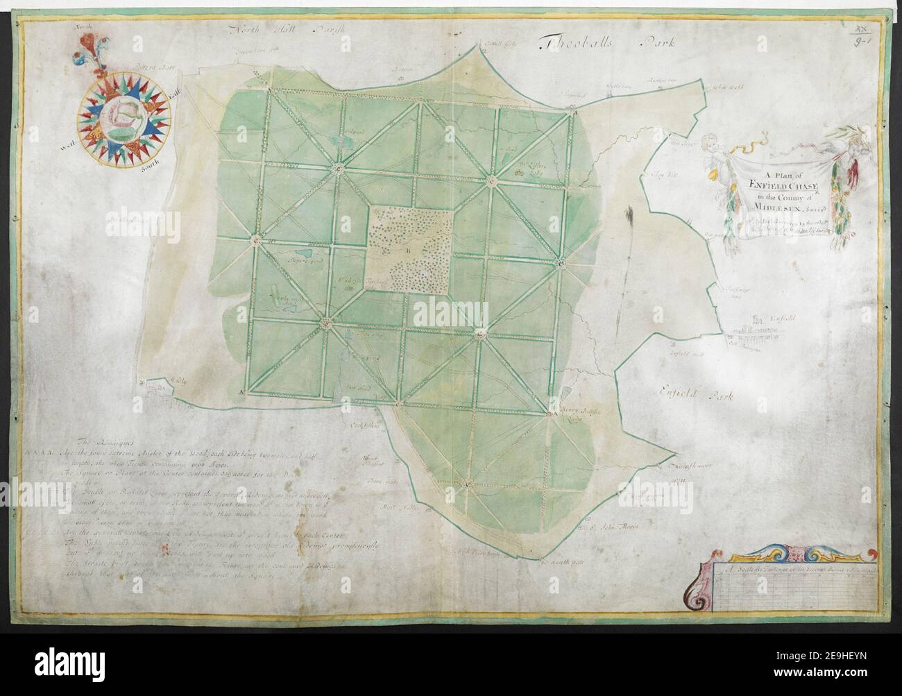 Ein Plan der ENFIELD JAGD in der Grafschaft MIDDLESEX. Autor Gascoyne, Joel 20,9.(1.) Veröffentlichungsdatum: [Ungefähr 1700] Objekttyp: 1 Karte Medium: Handkoloriert auf Pergament Maße: 42,5 x 61,7 cm ehemaliger Besitzer: George III., König von Großbritannien, 1738-1820 Stockfoto