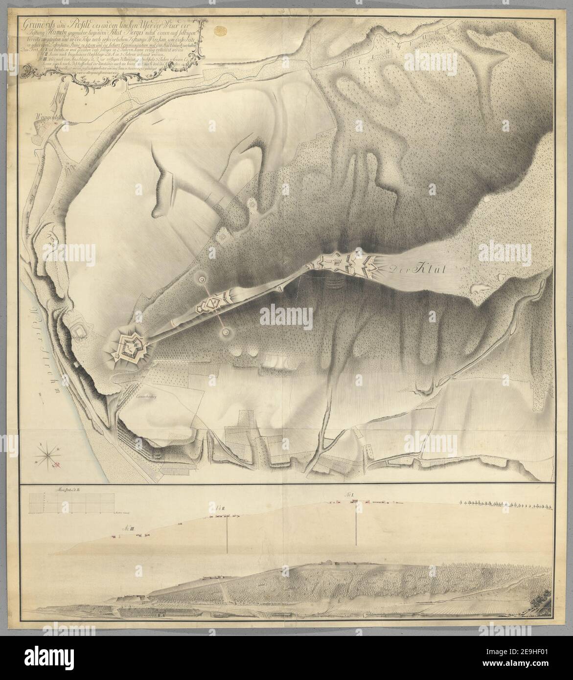 Grundriss und Profile des an den linken Ufer der Weser der Festung Hameln gegenuÃàber liegenden KluÃàt Berges nebst denen auf eigenen angelegt und in der Folge noch erforderlichen Festungs Wercken, um diese Seite in Karteninformation: Titel: Grundriss und Profile des an den linken Ufer der Weser der Festung Hameln gegenuÃàber liegenden KluÃàt Berges nebst denen auf selbigen angelegt und in der Folge noch erfordlichen Festungs Wercken, um diese Seite in gehorigen Defensions stehen zu setzen und die sichere Communication mit der Stadt dadurch zu erhalten. 100,6 Stockfoto
