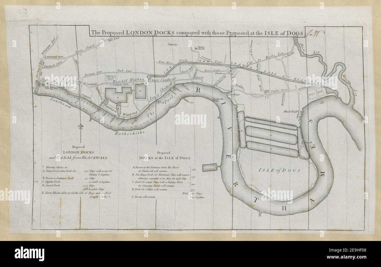 Die vorgeschlagenen LONDONER DOCKS im Vergleich zu denen auf der ISLE of DOGS vorgeschlagen. Autor Alexander, Daniel 21,17. Erscheinungsort: [London] Verlag: [Unbekannter Verlag] Erscheinungsdatum: [1794 c.] Objekttyp: 1 Karte Medium: Kupferstich Maße: 28,8 x 46,1 cm ehemaliger Besitzer: George III, König von Großbritannien, 1738-1820 Stockfoto