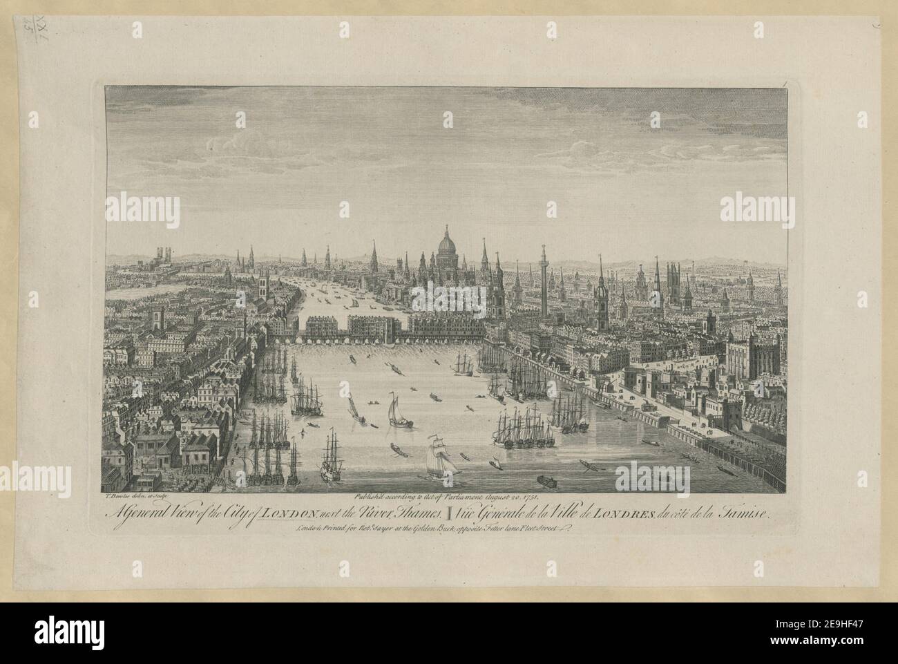 Ein allgemeiner Blick auf die Stadt LONDON, neben der Themse. = VuÃàe GeÃÅneÃÅrale de la Ville de LONDRES, du coÃÇteÃÅ de la Tamise. Autor Bowles, Thomas 21,45. Erscheinungsort: London Verlag: Gedruckt für Rob.t Sayer im Golden Buck, gegenüber Fetter Lane Fleet Street. Veröffentlichung gemäß Gesetz des Parlaments August 20., Datum der Veröffentlichung: 1751. Art des Artikels: 1 Druck Medium: Radierung Maße: Plattenmark 26,1 x 39,8 cm. Ehemaliger Besitzer: George III., König von Großbritannien, 1738-1820 Stockfoto