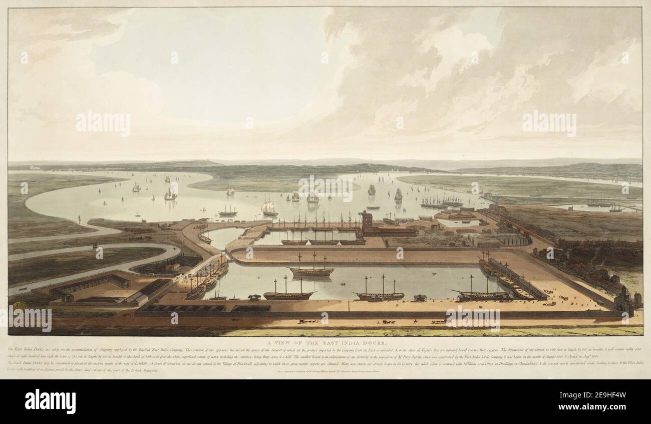 Ein Blick auf die East India Docks. Autor Daniell, William 21,31.5.c.PORT,11.tab. Erscheinungsort: [London] Verlag: Published Octr 1st 1808 by William Daniell, No9 Cleveland Street Fitzroy Square London., Erscheinungsdatum: [Oktober 1 1808] Artikelnummer: 1 Print Medium: Aquatinta mit Handkolorierung Maße: Platte 49,6 x 86 cm, auf Blatt 59,2 x 93,1 cm. Ehemaliger Besitzer: George III., König von Großbritannien, 1738-1820 Stockfoto