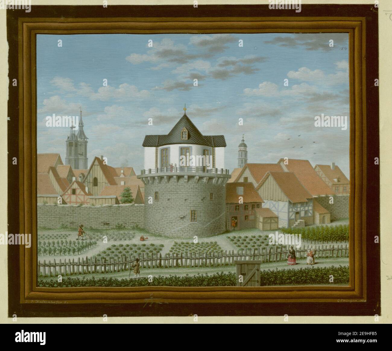 Blick auf die Sternwarte GoÃàttinger in Südrichtung, mit den Türmen der Johannis und der Jacobkirche im Hintergrund bei GoÃàttingen. Autor Kaltenhofer, Joel Paul 100,72.2. Datum der Veröffentlichung: 1774. Objekttyp: 1 Zeichnung Medium: Gouache Maße: Blatt 21 x 24,8 cm ehemaliger Besitzer: George III, König von Großbritannien, 1738-1820 Stockfoto