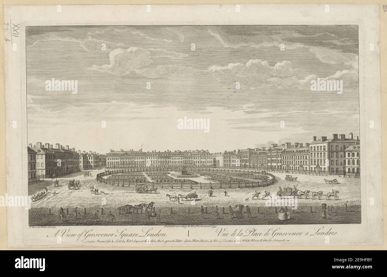 Blick auf den Grosvenor Square London = VuÃàe de la Place de Grosvenor. Autor Bowles, Thomas 22,29.B. Erscheinungsort: London Verlag: Printed for , verkauft von Robt. Sayer am Golden Buck gegenüber Fetter Lane Fleet Street, Henry Overton am Weißen Pferd ohne Newgate; Veröffentlichung gemäß Gesetz des Parlaments, Erscheinungsdatum: 1753. Art des Artikels: 1 Druck Medium: Gravur und Radierung Maße: Plattenmark 25,7 x 39,7 cm, auf Blatt 28 x 43,5 cm ehemaliger Besitzer: George III., König von Großbritannien, 1738-1820 Stockfoto