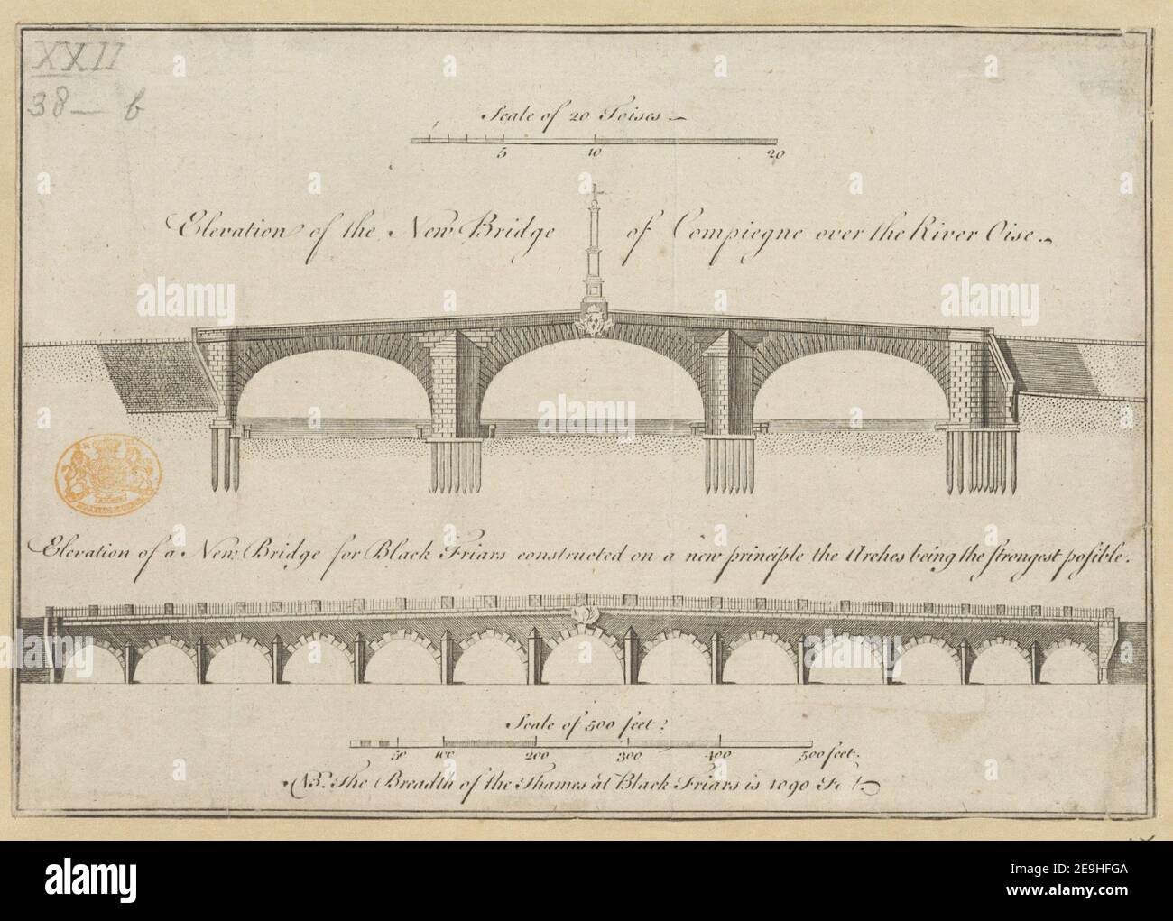 Erhebung der Neuen Brücke von Compiegne über den Fluss Oise Erhebung einer Neuen Brücke für Schwarze Brüder nach einem neuen Prinzip die Bögen als die stärkste möglich gebaut. Autor Mylne, Robert 22,38.B. Erscheinungsort: [London] Verlag: [Verlag nicht identifiziert] Erscheinungsdatum: [Zwischen 1760 und 1769] Objekttyp: 1 Print Medium: Radierung Maße: Blatt 16,2 x 23,2 cm (getrimmt) Ex-Besitzer: George III, King of Great Britain, 1738-1820 Stockfoto