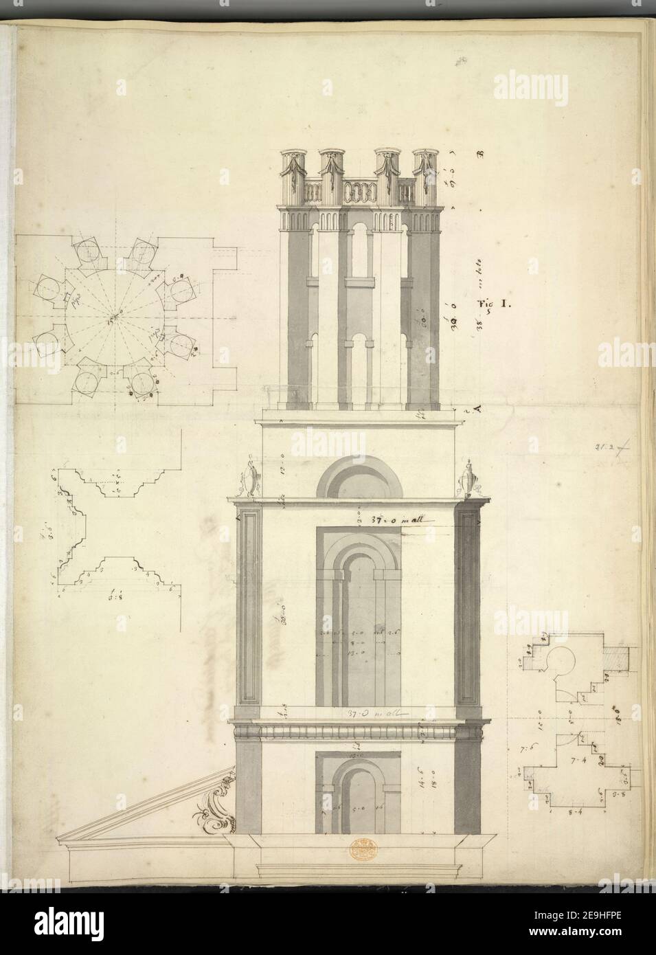 Erhebung des Turms von St. George im Osten, mit drei Plänen. Autor Hawksmoor, Nicholas 23,21.2.f Erscheinungsdatum: [Zwischen 1714-1720] Artikeltyp: 1 Zeichnung Medium: Stift mit brauner und schwarzer Tinte mit monochromer Waschung und Bleistift Maße: Blatt 65,7 x 48,8 cm ehemaliger Besitzer: George III, König von Großbritannien, 1738-1820 Stockfoto