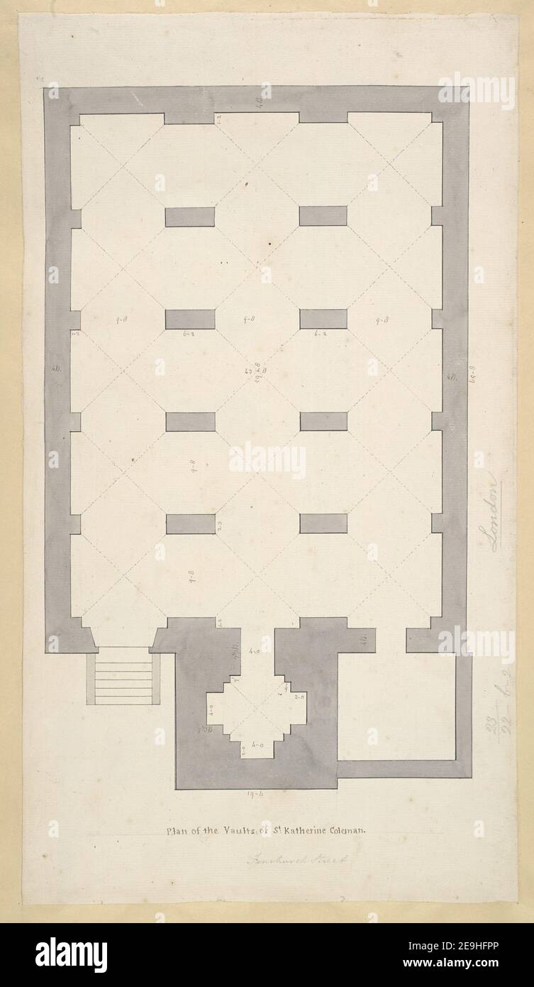 Plan der Gewölbe von St. Katherine Coleman. Autor Horne, James 23,22.b,2 Erscheinungsdatum: [Zwischen 1739-1740] Objekttyp: 1 Zeichnung Medium: Pen and black ink with monochrome wash Maße: Blatt 34,9 x 24,6 cm Ex-Besitzer: George III, King of Great Britain, 1738-1820 Stockfoto