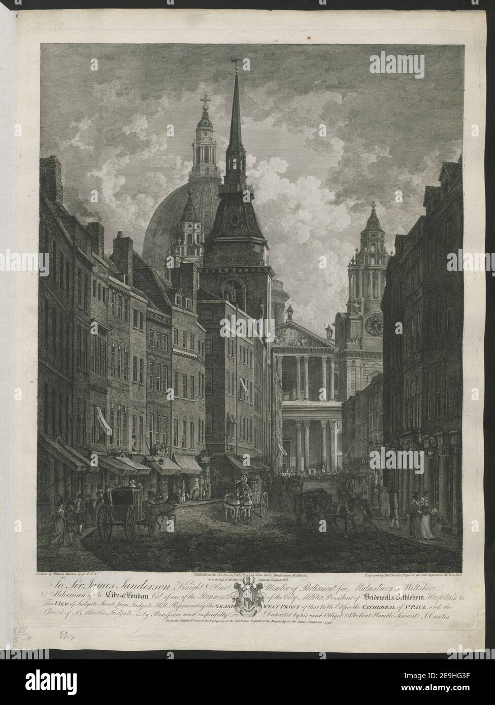 BLICK auf die Ludgate Street, vom Ludgate Hill, der die GRAND WEST FRONT dieses edlen Gebäudes darstellt, die KATHEDRALE St. PAUL und die Kirche St. Martin Ludgate Autor Morris, Thomas 23,35.r. Erscheinungsort: [London] Verlag: Publish'd As the Act directs Feby 17th 1795 von John Curtis, Twickenham, Middlesex; , to be had of Mr March Stationer, Ludgate Hill, Erscheinungsdatum: [Februar 17 1795] Art der Publikation: 1 Print Medium: Radierung und Gravur Abmessungen: Platemark 56,5 x 43 cm, auf Blatt 60,6 x 45,3 cm ehemaliger Besitzer: Georg III., König von Great-u.-u.-u.-u.-u.-u.-u.-m. Stockfoto