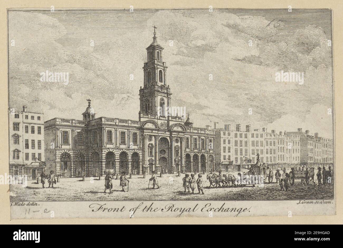 Vor der Königlichen Börse. Autor Green, James 24,11.e. Erscheinungsort: [London] Verlag: [Verlag nicht identifiziert] Erscheinungsdatum: [Ca. 1761] Objekttyp: 1 Print Medium: Radierung Maße: Blatt 8,9 x 14 cm Ex-Besitzer: George III, King of Great Britain, 1738-1820 Stockfoto