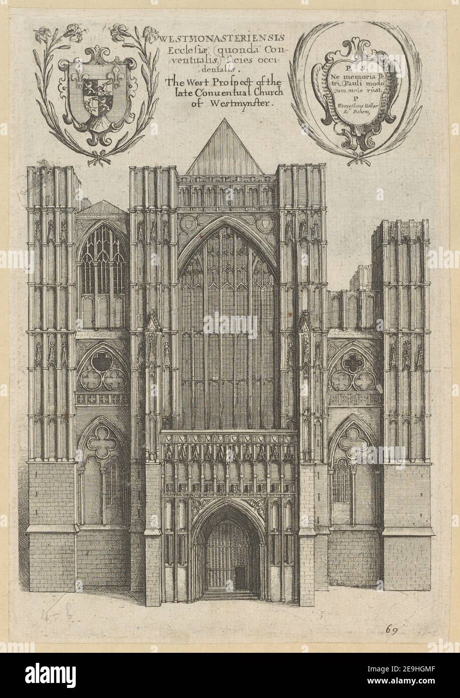 Westmonasteriensis Ecclesiae (quonda Conventualis) facies occi dentalis = der Westprospekt der späten Konventuskirche von Westmynster. Autor Hollar, Wenceslaus 24,4.B. Ort der Veröffentlichung: [London?] Verlag: [Verlag nicht identifiziert] Erscheinungsdatum: 1655. Art des Artikels: 1 Druck Medium: Radierung Maße: Blatt 25,1 x 17,7 cm (getrimmt) ehemaliger Besitzer: George III, König von Großbritannien, 1738-1820 Stockfoto