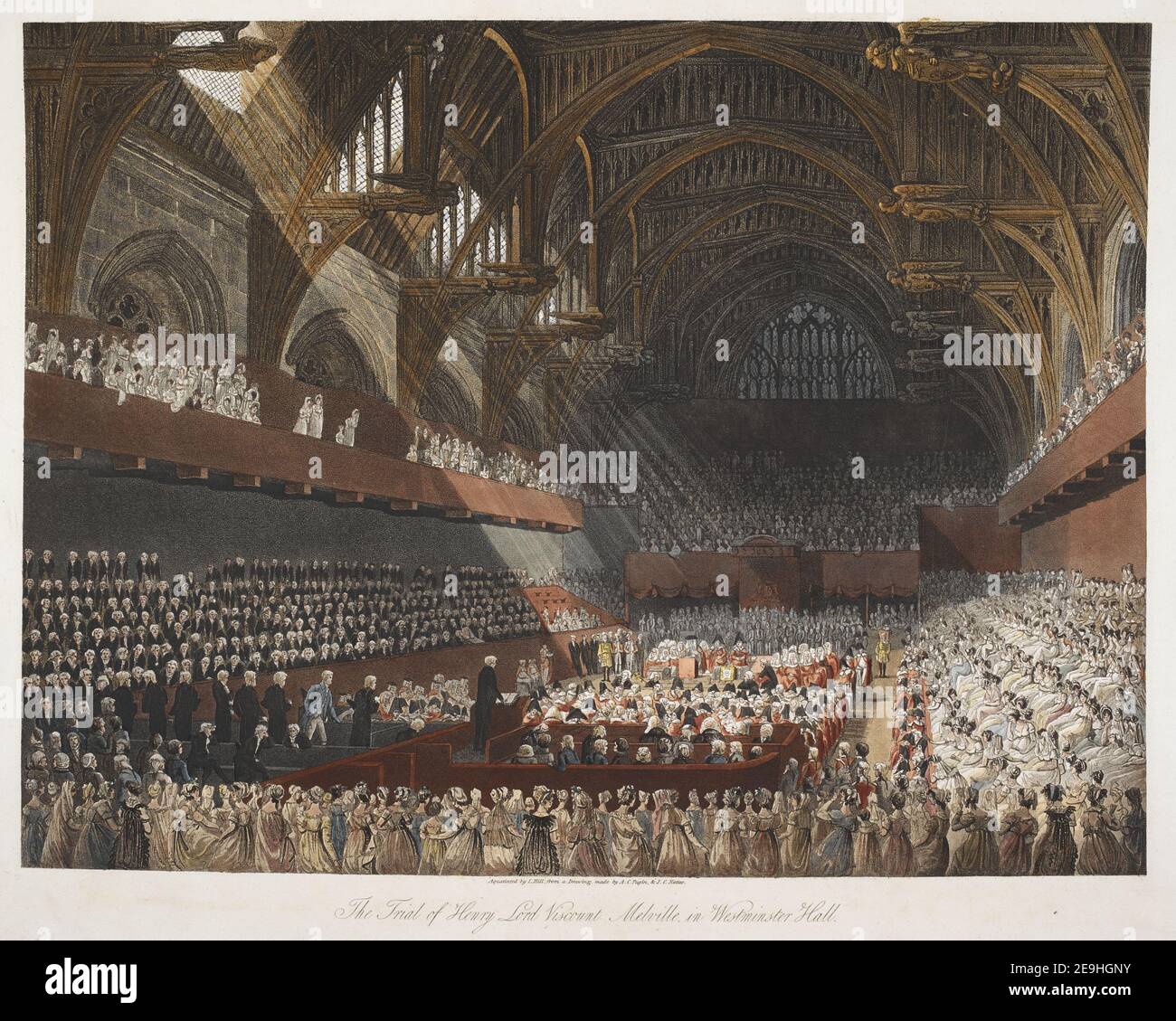 Der Prozess gegen Henry Lord Viscount Melville, in Westminster Hall. Autor Hill, John 24,24.l. Erscheinungsort: London Verlag: Erschienen im Juli 1806 bei Ackermann, 101; Strand. A. C.Pugin, 38 Rathbone Place, , J. C. Nattes, 5; Woodstock Str Bond Street., Erscheinungsdatum: [Juli 1806] Artikeltyp: A Print Medium: Aquatinta und Radierung mit Handkolorierung Maße: Platte 41,6 x 53,5 cm, auf Blatt 43,2 x 60,7 cm ehemaliger Besitzer: George III., König von Großbritannien, 1738-1820 Stockfoto