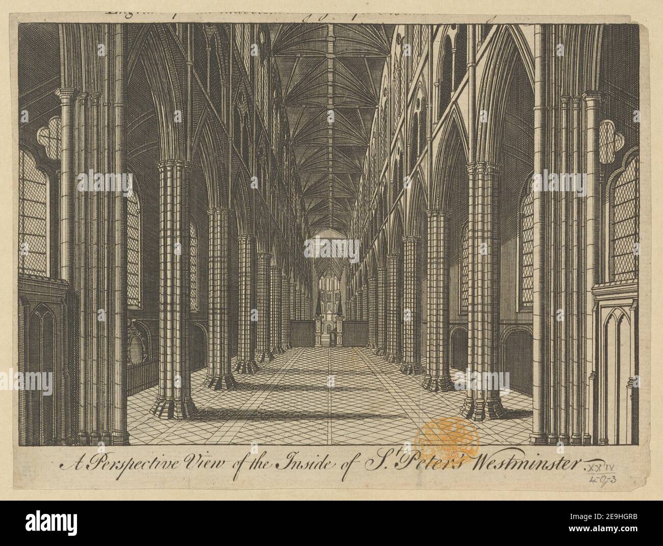 Eine Perspektive Blick auf das Innere von St. Peter's Westminster. Visual Material information: Titel: Eine perspektivische Ansicht des Inneren von St. Peter's Westminster. 24,4.q,3. Erscheinungsort: [London] Verlag: [Verlag nicht identifiziert] Erscheinungsdatum: [Zwischen 1750 und 1770] Objekttyp: 1 Print Medium: Radierung Maße: Blatt 15,6 x 21,7 cm Ex-Besitzer: George III, King of Great Britain, 1738-1820 Stockfoto