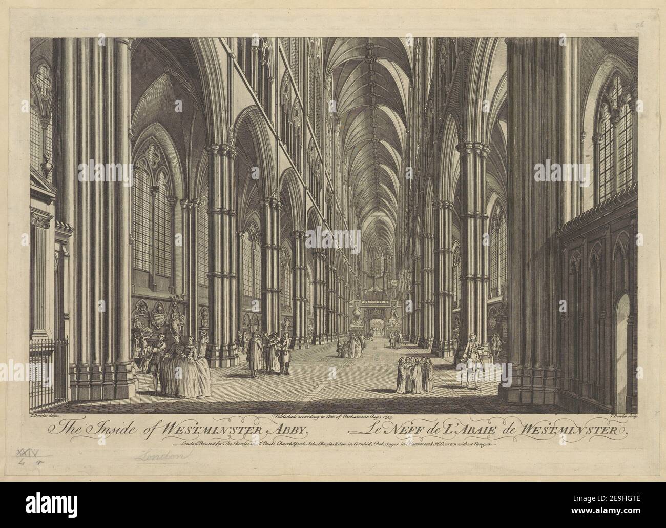 Das Innere des WESTMINSTER ABBY = Le NEFF de L'ABAIE de WESTMINSTER. Autor Bowles, Thomas 24,4.r. Ort der Veröffentlichung: [London] Verlag: Veröffentlichung gemäß Gesetz des Parlaments Aug 1 1753. London gedruckt für Tho. Bowles in St. Pauls Church Yard, John Bowles, Sohn in Cornhill, Robt. Sayer in Fleet Street, Hen. Overton without Newgate, Erscheinungsdatum: [August 1 1753] Objekttyp: 1 Druckmedium: Gravur und Radierung Maße: Plattenmark 28,3 x 42,2 cm, auf Blatt 31,6 x 44,3 cm ehemaliger Besitzer: George III., König von Großbritannien, 1738-1820 Stockfoto