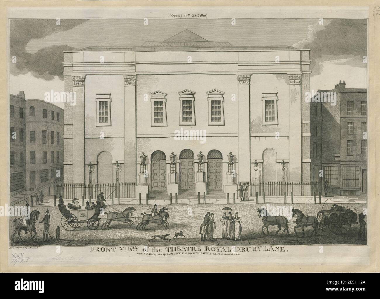 VORDERANSICHT DES THEATERS ROYAL DRURY LANE. Visual Material information: Titel: VORDERANSICHT des THEATERS ROYAL DRURY LANE. ; 25,19.2.B. Erscheinungsort: [London] Verlag: Publish'd Nov.r. 26 1812. Von JA.S WHITTLE , RICH.D H. LAURIE, 53 Fleet Street, London., Erscheinungsdatum: [1812.] Art des Artikels: 1 Druck Medium: Radierung Maße: Platemark 30,0 x 43,5 cm ehemaliger Besitzer: George III, König von Großbritannien, 1738-1820 Stockfoto