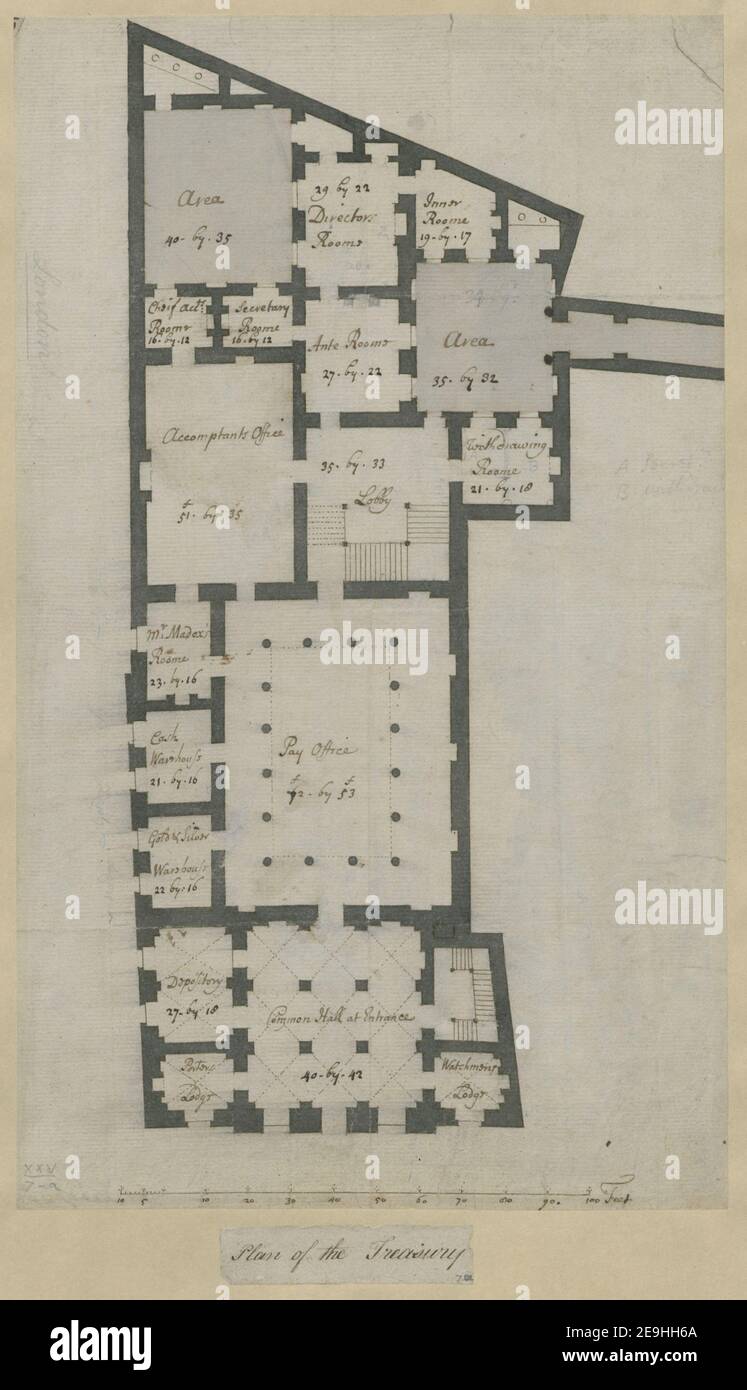 Plan des Finanzministeriums. Karteninformationen: Titel: Plan des Schatzamtes. 25,7.a. Datum der Veröffentlichung: Ca. 1720. Art des Artikels: 1 Karte Medium: Feder und Tinte Maße: Blatt 35,0 x 21,0 cm ehemaliger Besitzer: George III, König von Großbritannien, 1738-1820 Stockfoto