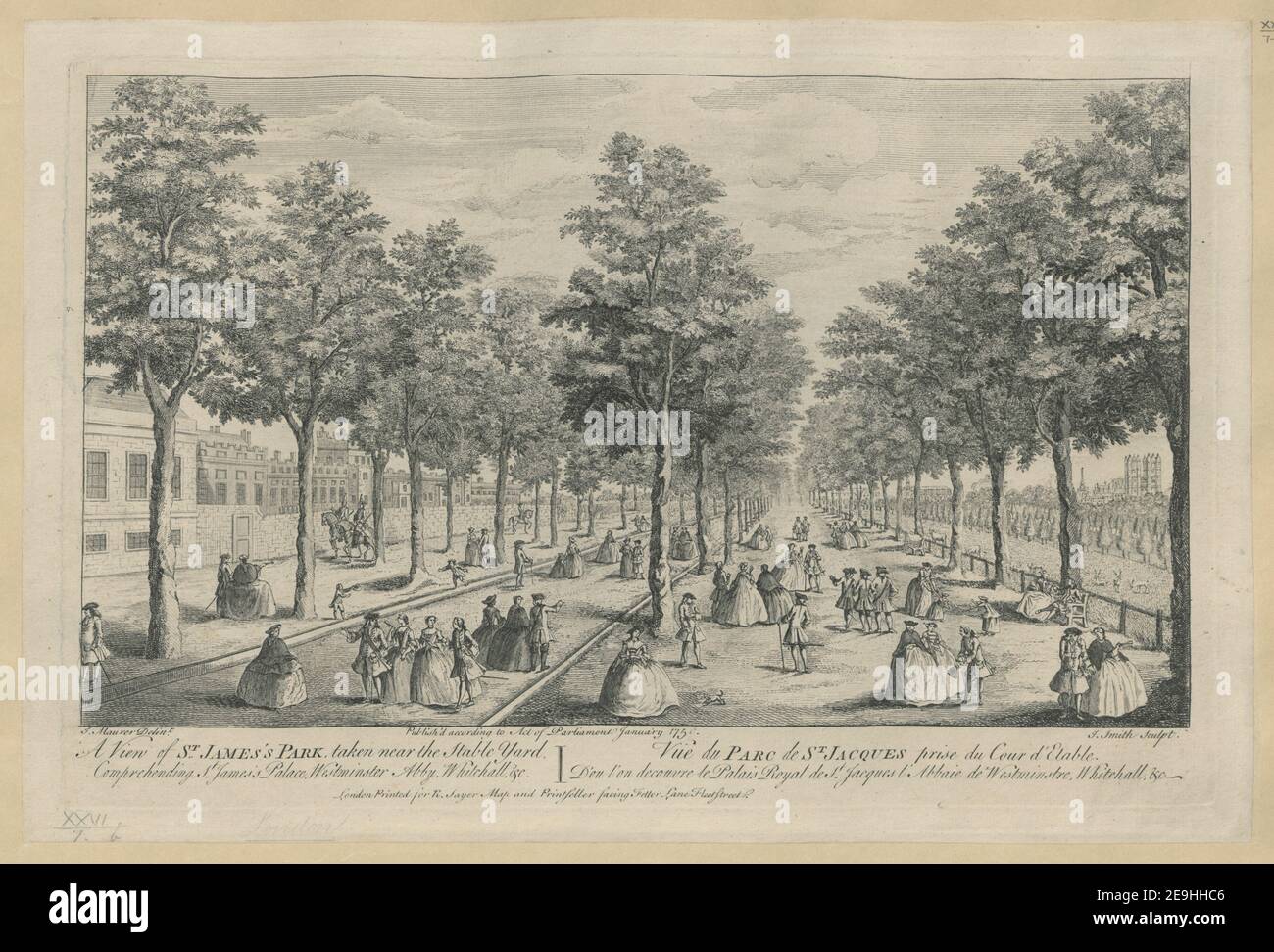 Eine Ansicht von ST. JAMES'S PARK, in der Nähe des Stall Yard. Begreifen St. James's Palace, Westminster Abby, Whitehall, & c. Autor Smith, James 26,7.B. Erscheinungsort: London Verlag: Gedruckt für R. Sayer Map und Printseller Facing Fetter Lane Fleet Street. Veröffentlichen'd gemäß Gesetz des Parlaments Januar, Datum der Veröffentlichung: 1750. Art des Artikels: 1 Druck Medium: Radierung Maße: Plattenmark 26,0 x 40,5 cm. Ehemaliger Besitzer: George III., König von Großbritannien, 1738-1820 Stockfoto