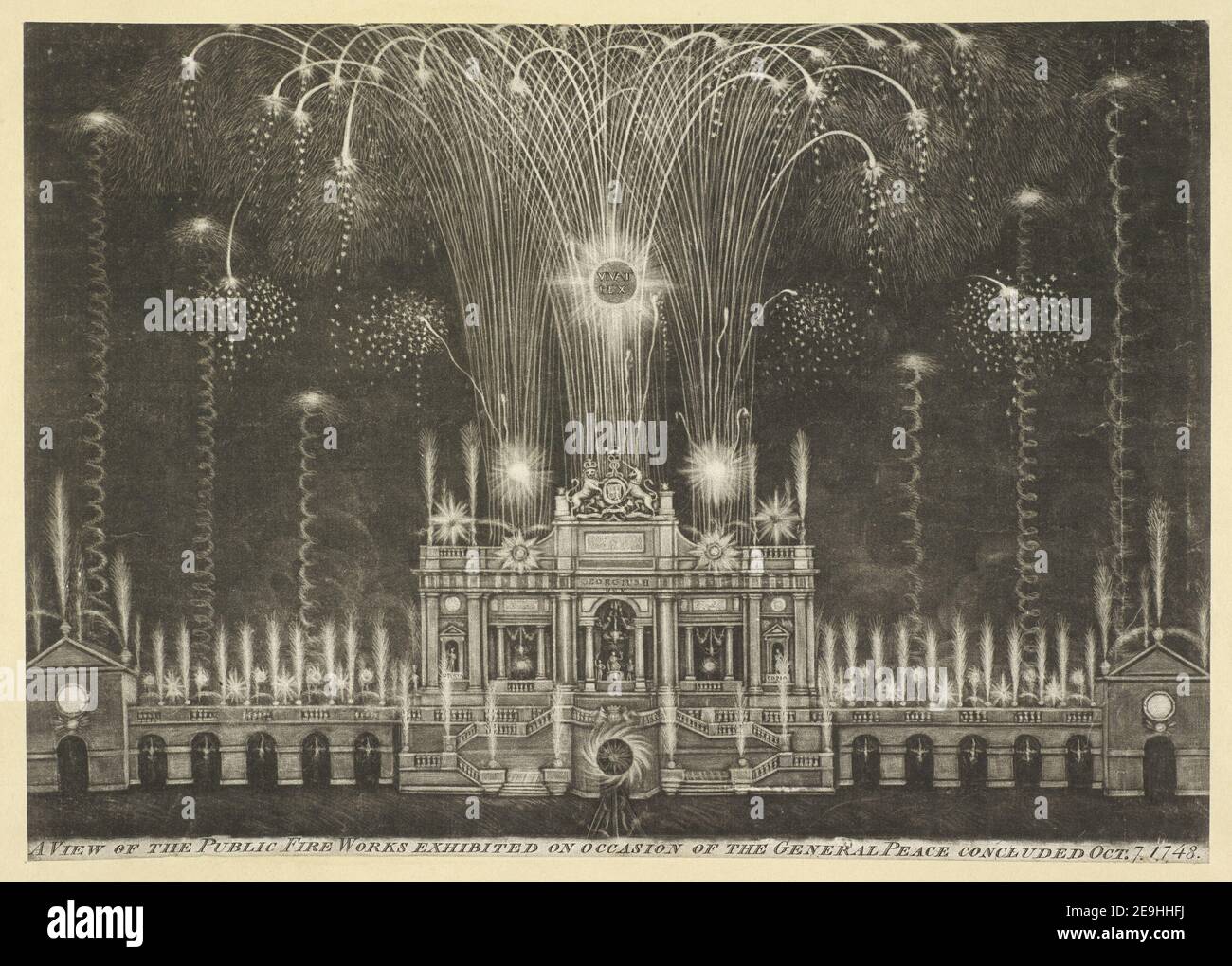 EIN BLICK AUF DIE ÖFFENTLICHEN FEUERWERKE, DIE ANLÄSSLICH DES ALLGEMEINEN FRIEDENS AUSGESTELLT WURDEN, SCHLOSS OCT. 7. 1748. VISUAL MATERIAL INFORMATION: TITEL: EIN BLICK AUF DIE ÖFFENTLICHEN FEUERWERKE AUSGESTELLT ANLÄSSLICH DES ALLGEMEINEN FRIEDENS ABGESCHLOSSEN OCT. 7. 1748. 26,7.W. Erscheinungsort: [London], Erscheinungsdatum: [Um 1749] Art der Publikation: 1 Print Medium: Mezzotint Maße: Bogenformat 24,6 x 34,7 cm (Zuschnitt innerhalb der Plattenmarke) Ex-Inhaber: George III., King of Great Britain, 1738-1820 Stockfoto