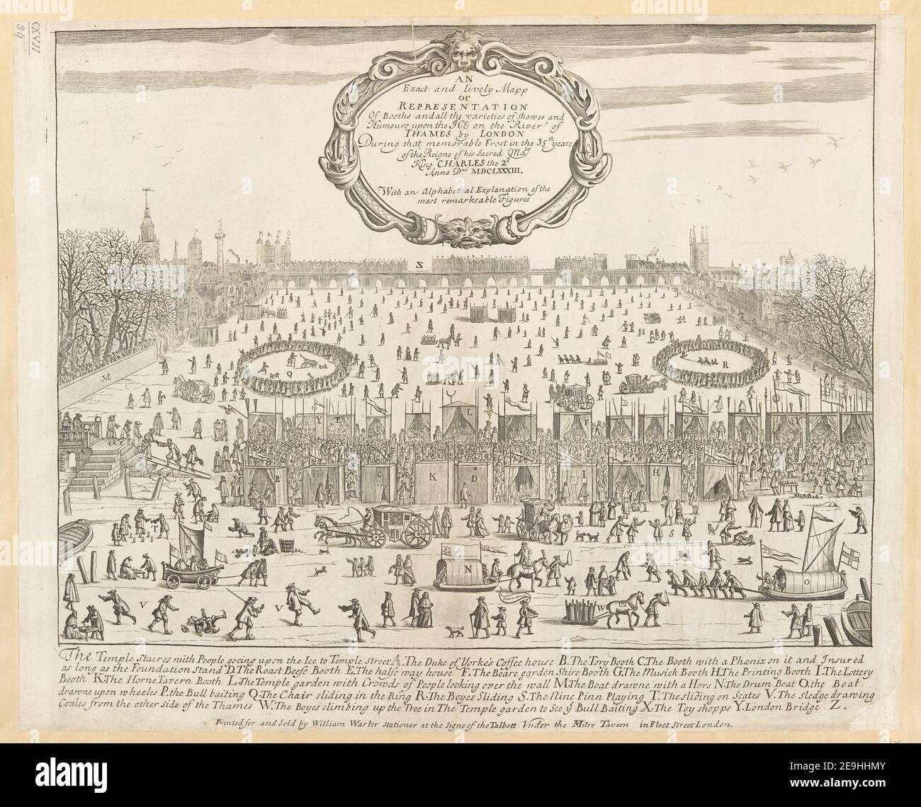 EINE genaue und lebendige Mapp oder DARSTELLUNG von Ständen und all der Vielfalt von Schauungen und Humors auf dem EIS auf dem Fluss der THEMSE von LONDON Visual Material information: Title: EINE genaue und lebendige Mapp oder DARSTELLUNG von Ständen und all der Vielfalt von Schauungen und Humors auf dem EIS auf dem Fluss der THEMSE von LONDON ; 27,39. Erscheinungsort: [London] Verlag: Gedruckt für und verkauft von William Warter Stationer at the Signe of the Talbot vnder The Mitre Tavern in Fleet Street London., Erscheinungsdatum: [1684 c.] Art des Artikels: 1 Druck Medium: Gravur Stockfoto