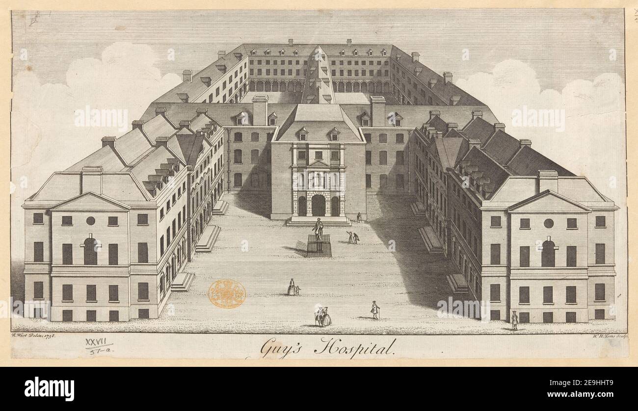 Guy's Hospital. Autor Toms, W. H. 27,57.a. Erscheinungsort: [London] Verlag: [Samuel Richardson]., Erscheinungsdatum: [1738] Objekttyp: 1 Druckmedium: Radierung und Gravur Maße: Blatt 20,3 x 36,0 cm [getrimmt innerhalb Platemark]. Ehemaliger Besitzer: George III., König von Großbritannien, 1738-1820 Stockfoto
