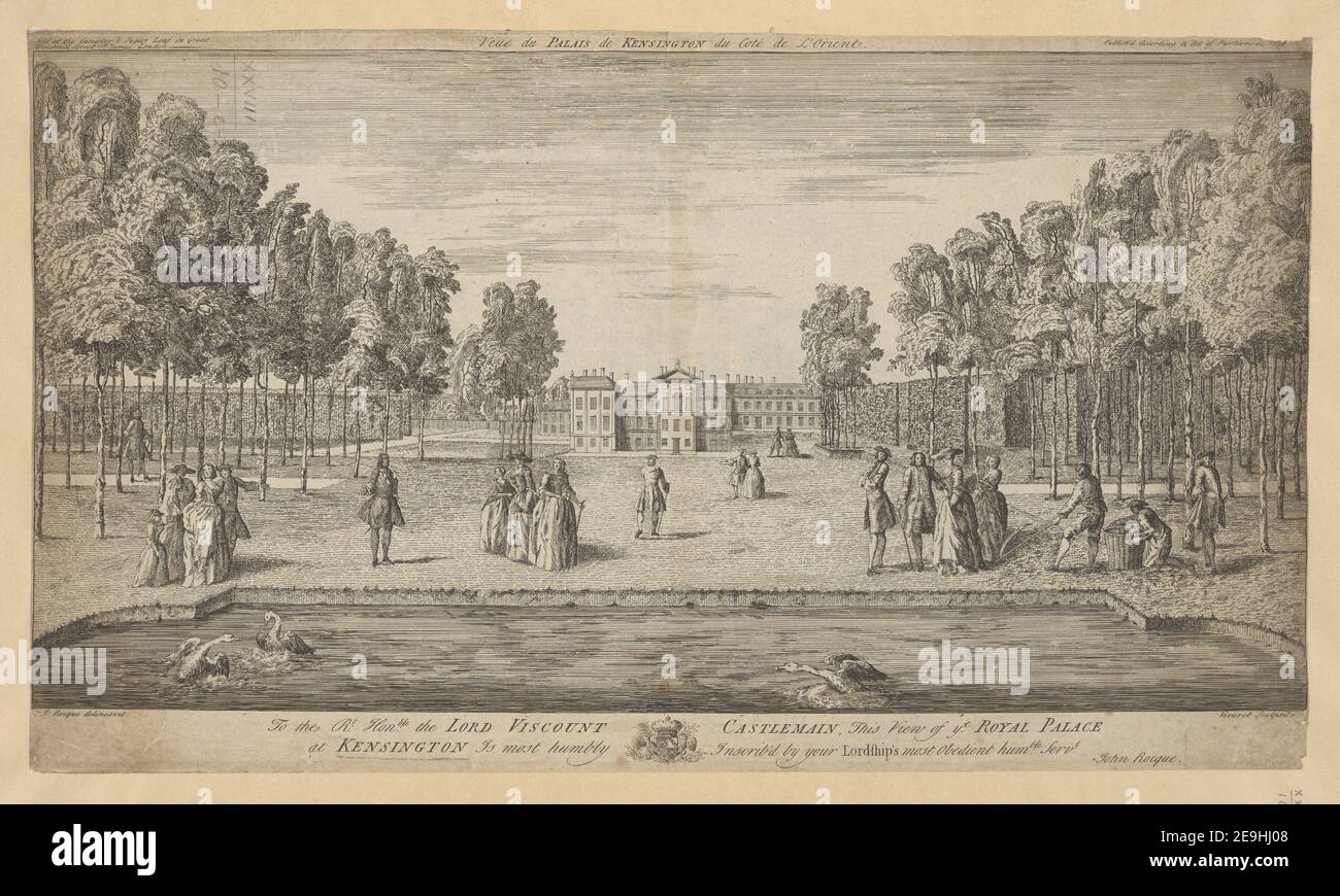 Vue du Palais de Kensington du CoteÃÅ de L'Orient. Autor VivareÃÄs, FrancÃßois 28,10.e,2. Erscheinungsort: [London] Verlag: [John Rocque] Sold at the Canister , Sugar Loaf in Great Windmill Street St James, London ; Publish'd According to Act of Parliament, Erscheinungsdatum: 1736. Art des Artikels: 1 Druck Medium: Radierung und Gravur Abmessungen: Blatt 28,5 x 49,2 cm [im Plattenmark beschnitten]. Ehemaliger Besitzer: George III., König von Großbritannien, 1738-1820 Stockfoto