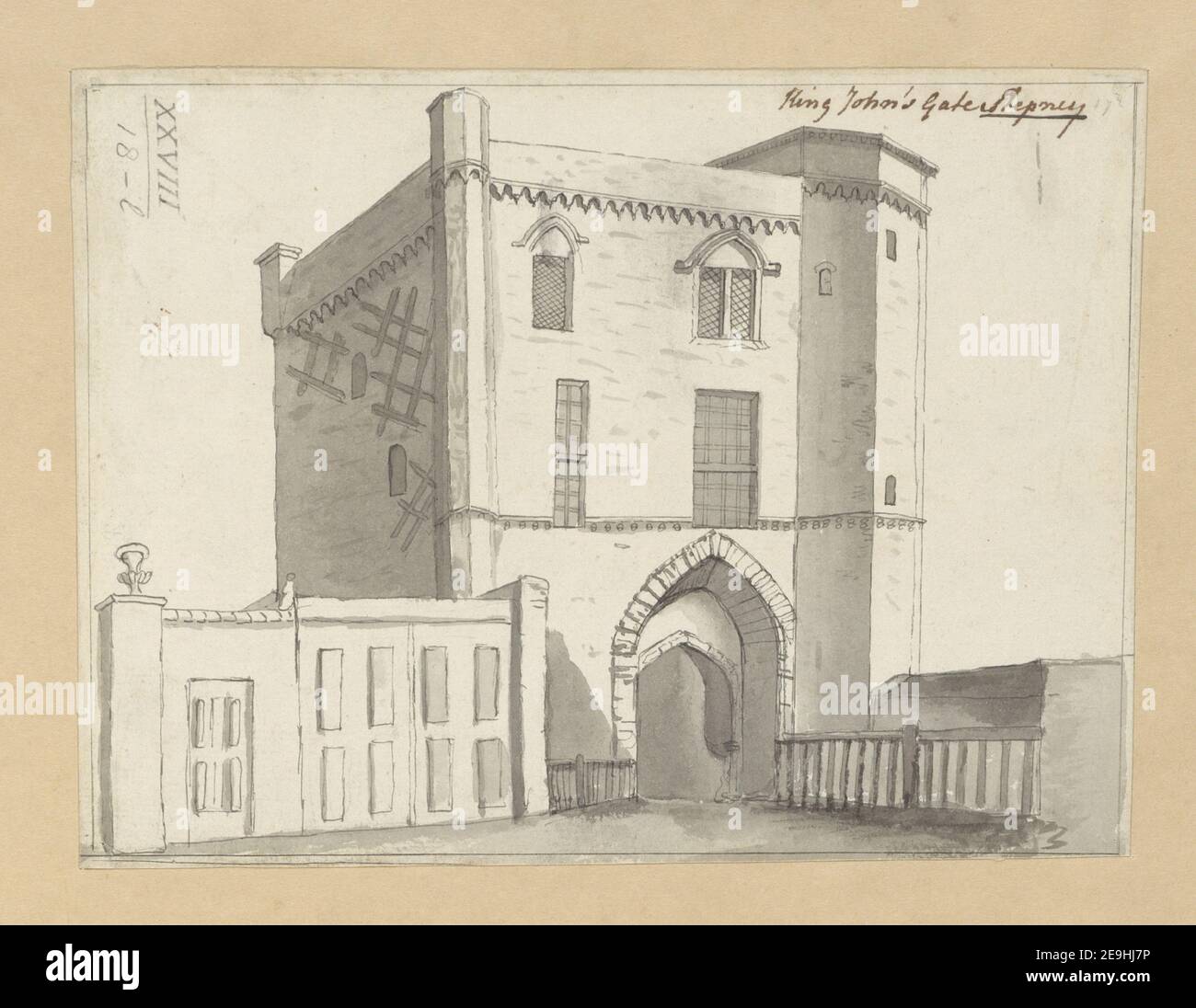 Tor von König John, Stepney. Visual Material information: Titel: King John's Gate, Stepney. 28,18.l. Erscheinungsdatum: [Um 1770-1790] Objekttyp: 1 Zeichnung Medium: Feder und schwarze Tinte mit monochromer Wäsche Maße: Blatt 15,6 x 20,7 cm ehemaliger Besitzer: George III, König von Großbritannien, 1738-1820 Stockfoto