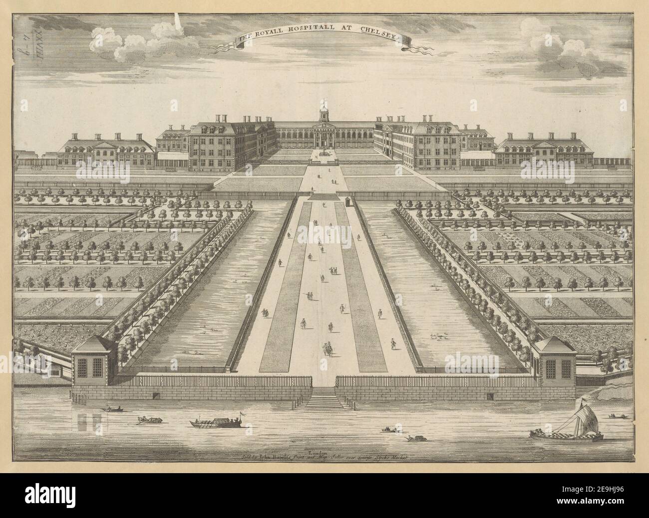 DAS ROYALL KRANKENHAUS IN CHELSEY. Autor Nicholls, Sutton 28,4.g. Erscheinungsort: London Verlag: Verkauft von John Bowles Print and Map-Seller Over Against Stocks Market., Erscheinungsdatum: [1750s c.] Art des Artikels: 1 Druck Medium: Radierung und Gravur Maße: Blatt 32,0 x 44,6 cm [im Plattenmark beschnitten] ehemaliger Besitzer: George III., König von Großbritannien, 1738-1820 Stockfoto