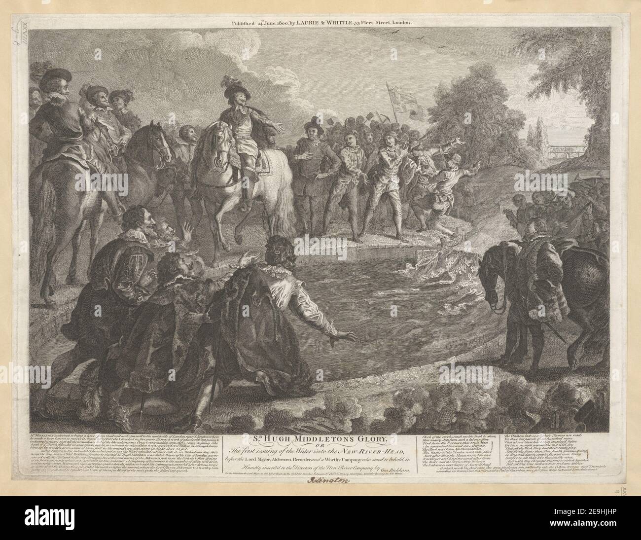 DER RUHM VON SR HUGH MIDDLETON. Autor Bickham, George 28,9.p. Erscheinungsort: [London] Verlag: Published 24th June 1800, by Laurie , Whittle, 53 Fleet Street, London., Erscheinungsdatum: [1800] Objekttyp: 1 Print Medium: Radierung und Gravur Maße: Platemark 42,0 x 56,2 cm Ex-Besitzer: George III, King of Great Britain, 1738-1820 Stockfoto