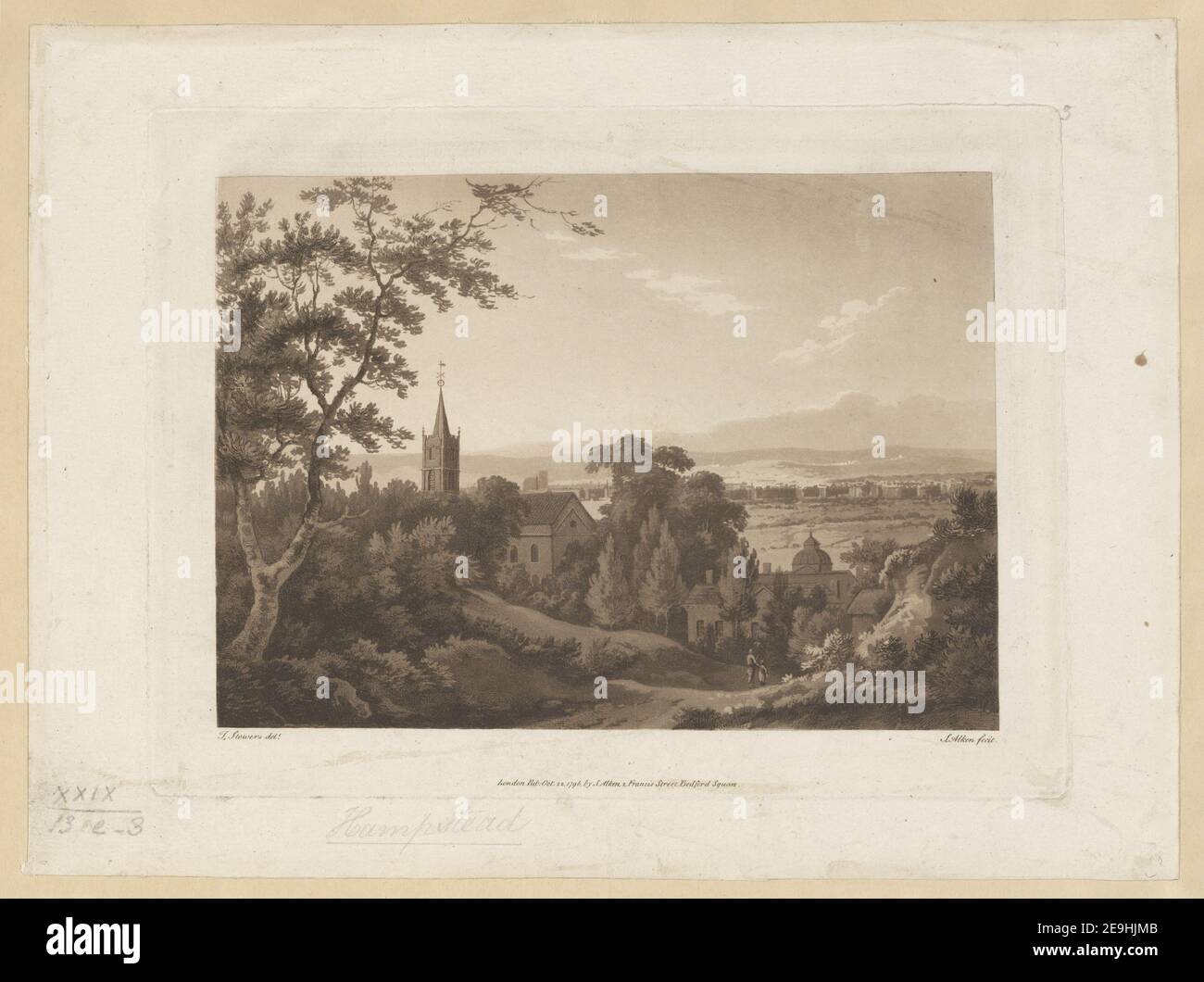 Blick auf Hampstead . Autor Alken, Samuel 29,13.e,3 Erscheinungsort: London Verlag: Pub: Okt 22. 1796 von S. Alken, Nr. 2, Francis Street East, Bedford Square, Erscheinungsdatum: [1796] Objekttyp: 1 Druckmedium: Radierung und Aquatinta Maße: Platemark 20,0 x 26,4 cm. Ehemaliger Besitzer: George III., König von Großbritannien, 1738-1820 Stockfoto