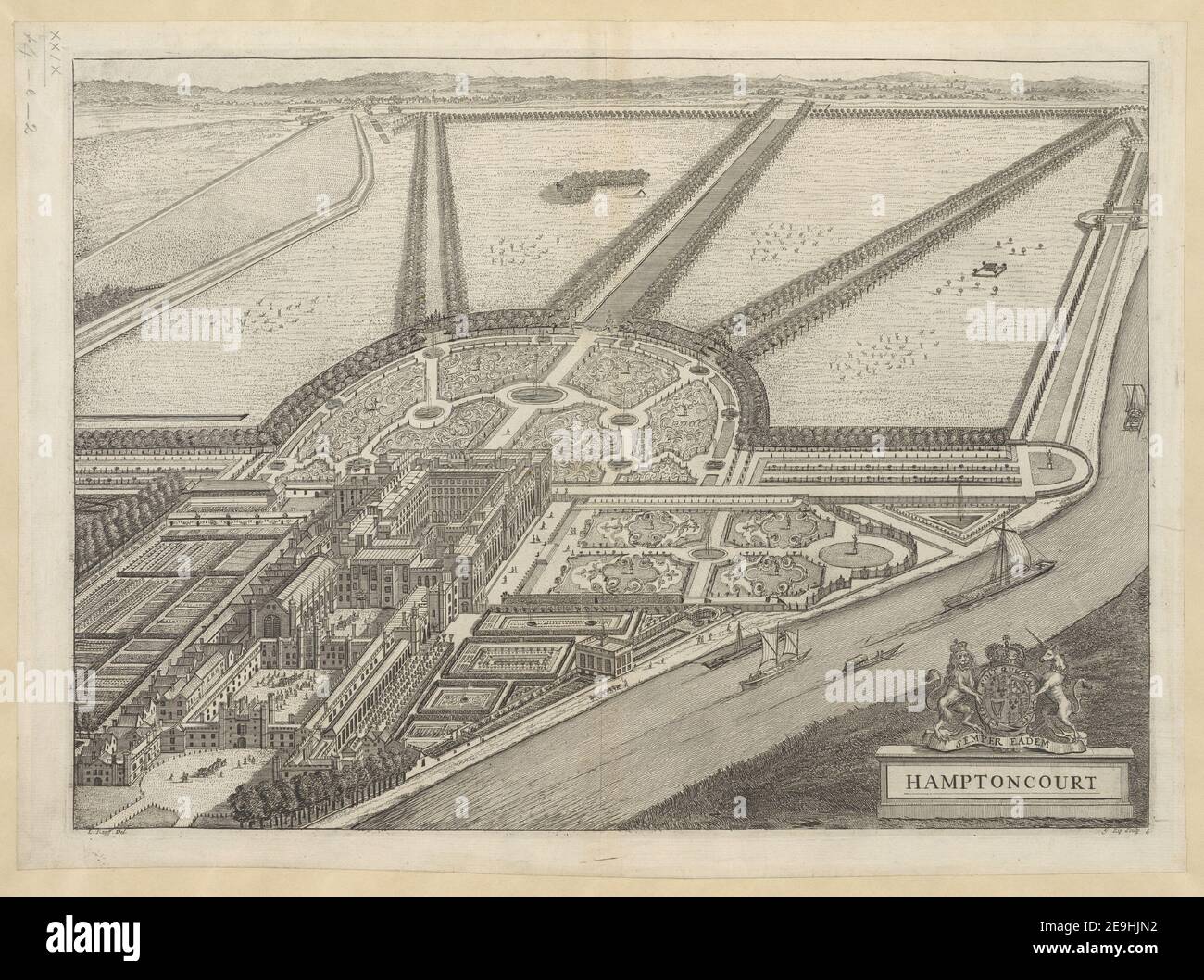 Hamptoncourt. Autor Kip, Johannes 29,14.e,2. Erscheinungsort: [London] Verlag: [J. Smith]., Erscheinungsdatum: [1702-1720s c] Objekttyp: 1 Druckmedium: Radierung Maße: Platemark 34,6 x 48,0 cm. Ehemaliger Besitzer: George III., König von Großbritannien, 1738-1820 Stockfoto