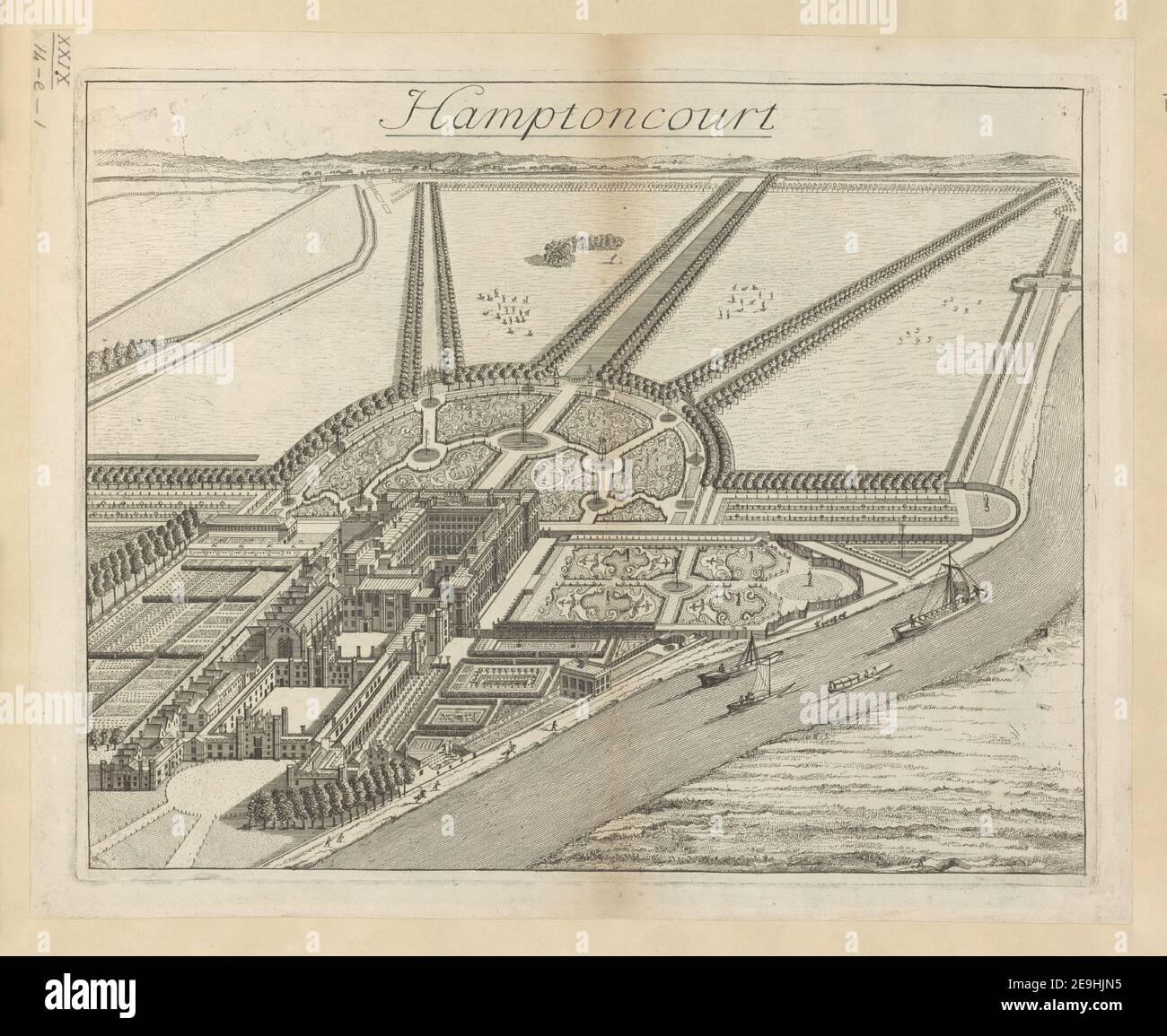 Hamptoncourt. Visual Material information: Titel: Hamptoncourt. 29,14.e,1. Ort der Veröffentlichung: [London ?] Herausgeber: [J. Smith ?]., Veröffentlichungsdatum: [1720s c.] Art des Artikels: 1 Druck Medium: Radierung Maße: Platemark 30,4 x 38,2 cm ehemaliger Besitzer: George III, König von Großbritannien, 1738-1820 Stockfoto