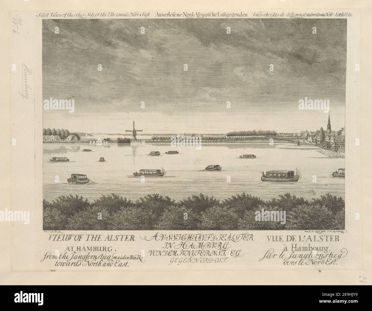 BLICK AUF DIE ALSTER IN HAMBURG = BLICK AUF DIE ALSTER IN HAMBURG = VUE DE L'ALSTER aÃÄ Hambourg Autor Liebe, Gottlob August 101,48.B. Erscheinungsort: Leipzig Verlag: [Verlag nicht identifiziert] Erscheinungsdatum: [1771]. Art des Artikels: 1 Druck Medium: Radierung und Gravur Maße: Plattenmark 37,7 x 46,3 cm, auf Blatt 38,5 x 51,5 cm ehemaliger Besitzer: George III., König von Großbritannien, 1738-1820 Stockfoto