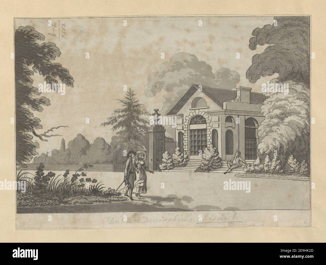 Chiswick des Duke of Devonshire . Visual Material information: Titel: [Duke of Devonshire's Chiswick]. 29,7.q. Erscheinungsort: [London] Verlag: [Unbekannter Verlag] Erscheinungsdatum: [1770-1790 c.] Art des Artikels: 1 Druck Medium: Radierung und Aquatinta Maße: Platemark 16,3 x 22,6 cm ehemaliger Besitzer: George III, König von Großbritannien, 1738-1820 Stockfoto