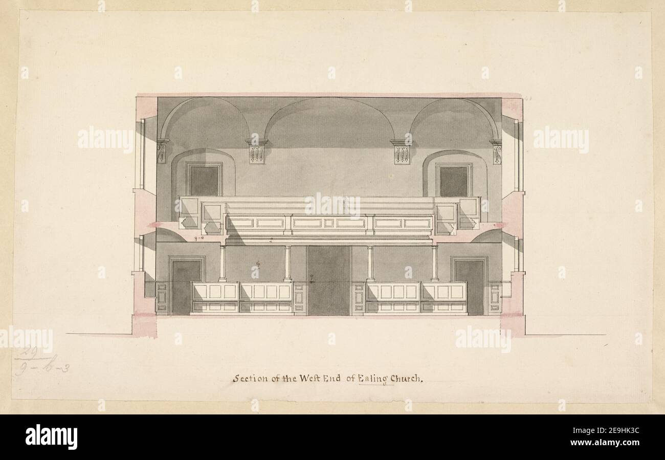 Abschnitt des Westendes der Ealing Kirche. Visual Material information: Titel: Abschnitt des Westendes der Ealing Kirche. 29,9.b,3. Veröffentlichungsdatum: [Um 1735-1740] Artikeltyp: 1 Zeichnung Medium: Pen and black ink with monochrome and pink wash Maße: Blatt 21,3 x 34,8 cm Ex-Besitzer: George III, King of Great Britain, 1738-1820 Stockfoto