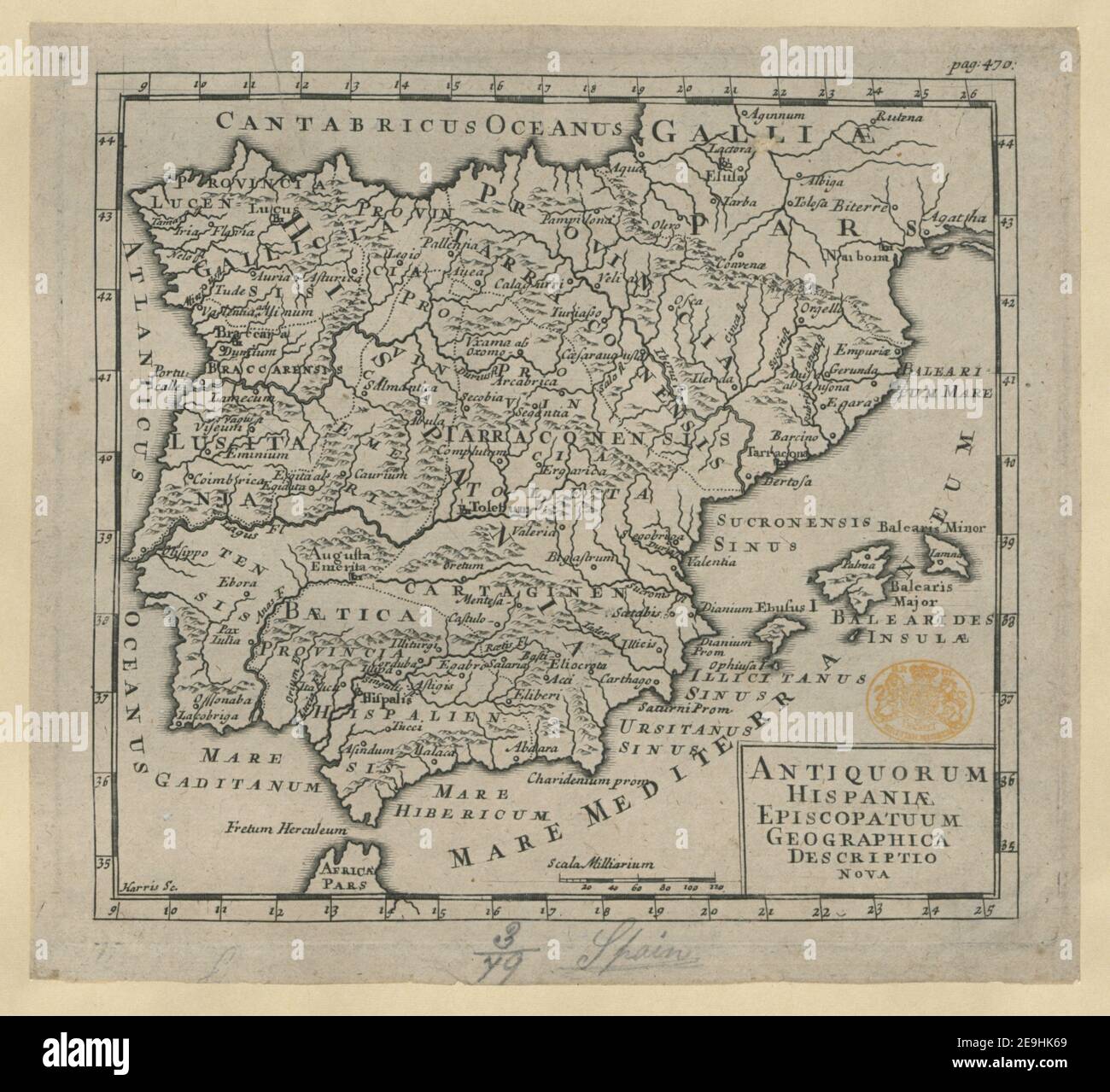 Antiquorum Hispani√¶ Episcopatuum Geographica Descriptio Nova. Autor Harris, John 3,79. Erscheinungsort: [London] Verlag: [J. Harris?]., Erscheinungsdatum: [1700 c.] Objekttyp: 1 Karte Medium: Kupferstich Maße: 15,8 x 17,6 cm ehemaliger Besitzer: George III, König von Großbritannien, 1738-1820 Stockfoto