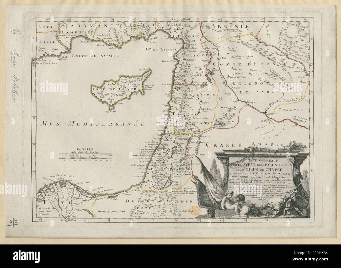 Carte GeÃÅneÃÅrale de la Syrie, de la Palestine, et de l'Isle de Chypre Autor L'Isle, Guillaume de 3,99. Erscheinungsort: [Paris] Verlag: Et PublieÃÅe par Joseph Nicolas de l'Isle frere de l'Auteur 1er Astronome GeÃÅog. De la Marine, Doyen ses Profess. Roy.e et de l'Acad. R.le des SC. Sous les Auspizing de M.gr le Duc de Choiseul Ministre et Secretaire d'Etat. ,c. ,c., Erscheinungsdatum: Juli 1764. Objekttyp: 1 Karte Medium: Kupferstich Maße: 35,0 x 48,4 cm ehemaliger Besitzer: George III, König von Großbritannien, 1738-1820 Stockfoto