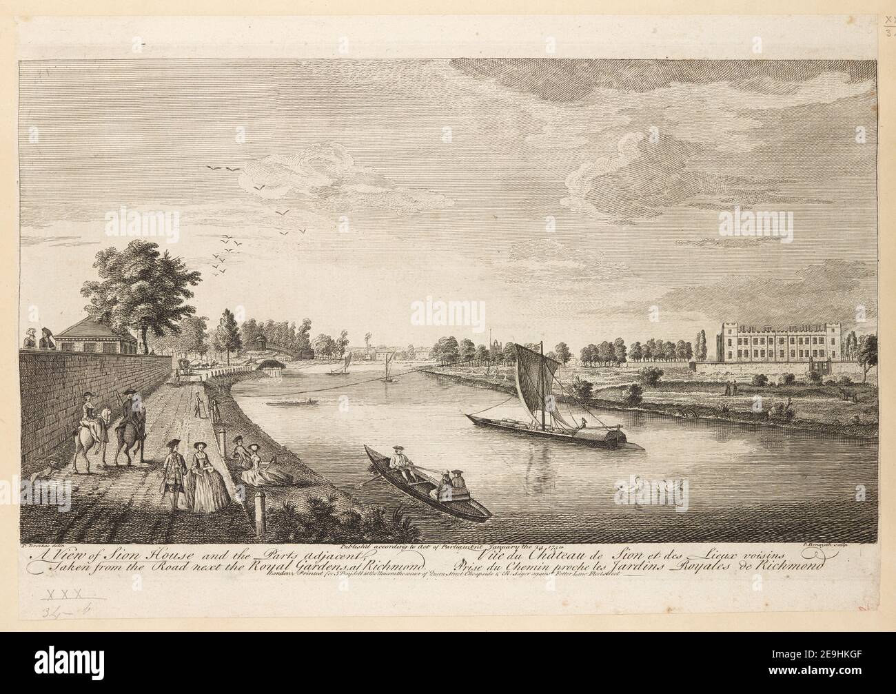 Ein Blick auf das Sion House und die angrenzenden Teile, von der Straße neben den Royal Gardens in Richmond genommen. = VuÃàe du Chateau de Sion et des Lieux voisins pry du Chemin proche les Jardins Royales de Richmond. Autor Benazech, Peter 30,34.B. Erscheinungsort: London Verlag: Gedruckt für J. Boydell at the Unicorn The corn the corner of Queen Street Cheapside , R. Sayer Against Fetter Lane Fleet Street ; Publisher'd according to Act of Parliament January the 24, Erscheinungsdatum: 1750. Art des Artikels: 1 Druck Medium: Radierung und Gravur Abmessungen: Platemark 27,3 x Stockfoto