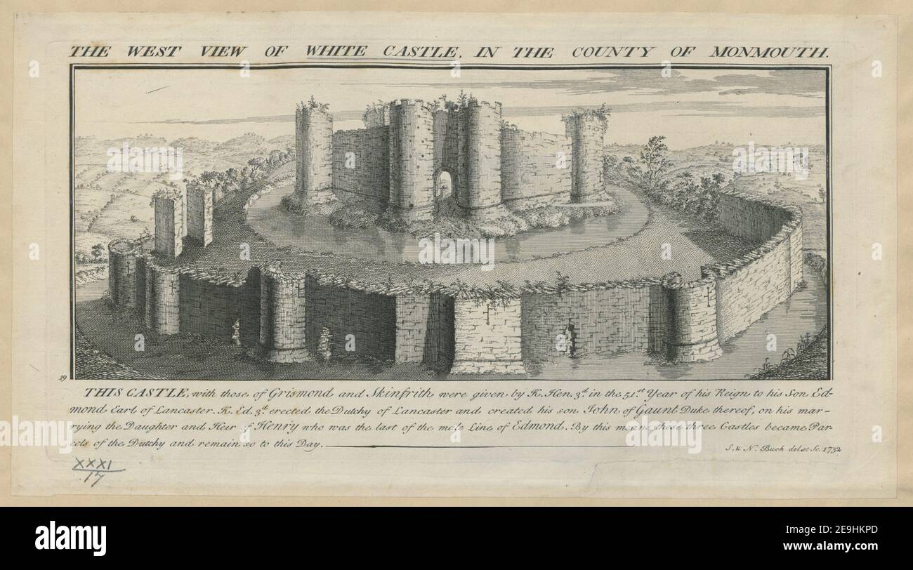 DIE WESTANSICHT DES WEISSEN SCHLOSSES, IN DER GRAFSCHAFT VON MONMOUTH AUTOR BUCK, SAMUEL 31,17. Erscheinungsort: [London] Verlag: [S. , N. Buck]., Erscheinungsdatum: [1732] Objekttyp: 1 Druckmedium: Radierung Maße: Plattenmark 19,3 x 37,0 cm. Ehemaliger Besitzer: George III., König von Großbritannien, 1738-1820 Stockfoto