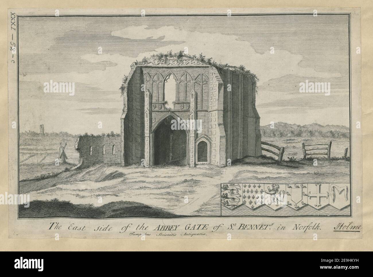 Die Ostseite des ABBY-TORES von St. BENNETT.s in Norfolk. Autor Vertue, George 31,52.c. Erscheinungsort: [London] Verlag: Sumptibus Societatis Antiquari√¶., Erscheinungsdatum: [1720s] Artikeltyp: 1 Print Medium: Radierung Maße: Blatt 20,5 x 38,8 cm [getrimmt innerhalb Platemark] Ex-Besitzer: George III., King of Great Britain, 1738-1820 Stockfoto