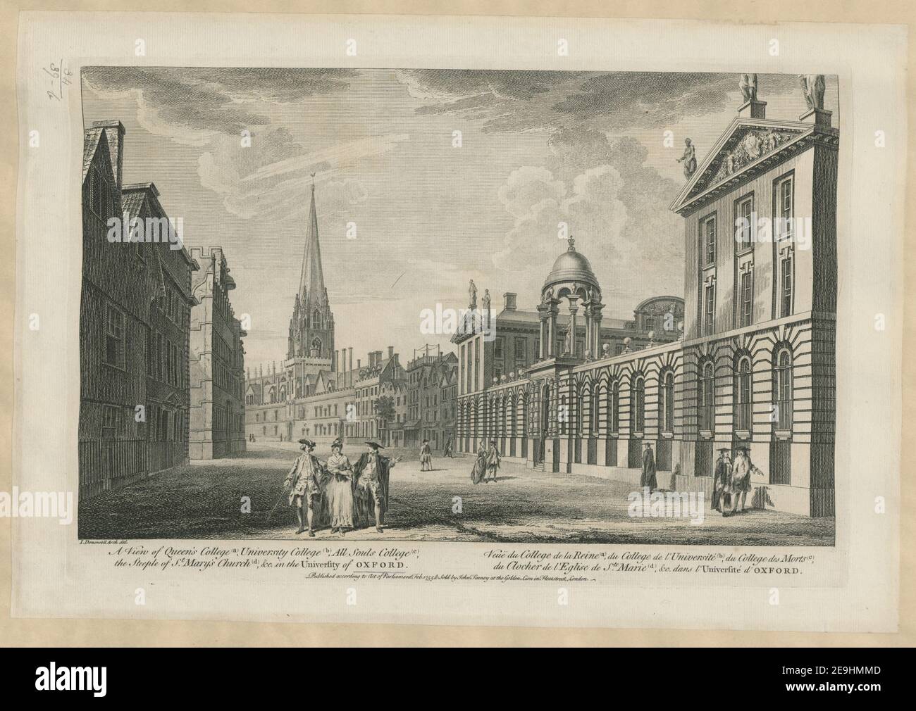 A View of Queen's College (a), University College (b), All Souls College (c), der Kirchturm der St. Mary's Church (d), & c. in der University of OXFORD. = VeueÃà du College de la reine (A), du College de l'UniversiteÃÅ ( Autor Donowell, John 34,39.B. Erscheinungsort: [London] Verlag: Published according to Act of Parliament Feb. 1755 , verkauft von John Tinney am Goldenen Löwen in Fleetstreet, London. Erscheinungsdatum: [Februar 1755] Objekttyp: 1 Druckmedium: Radierung Maße: Plattenmark 29,0 x 43,3 cm, auf Blatt 33,8 x 49,0 cm. Ehemaliger Besitzer: George Stockfoto