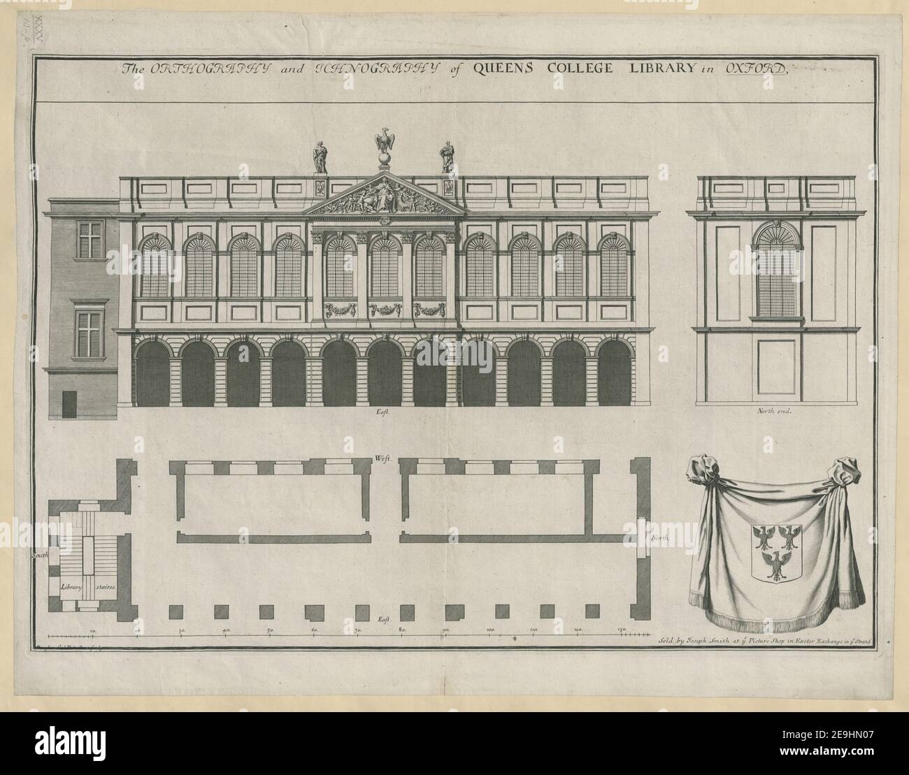 Die ORTHOGRAPHIE und ICHNOGRAPHY der QUEENS COLLEGE BIBLIOTHEK in OXFORD. Autor Burghers, Michael 35,10.p. Erscheinungsort: [London] Verlag: Verkauft von Joseph Smith im Ye Picture Shop in Exeter Exchange in Ye Strand Erscheinungsdatum: [Um 1716, und nicht später als c. 1735] Artikelnummer: 1 Druckmedium: Radierung Maße: Plattenmark 38,6 x 54,4 cm, auf Blatt 43,5 x 56,1 cm ehemaliger Besitzer: George III., König von Großbritannien, 1738-1820 Stockfoto