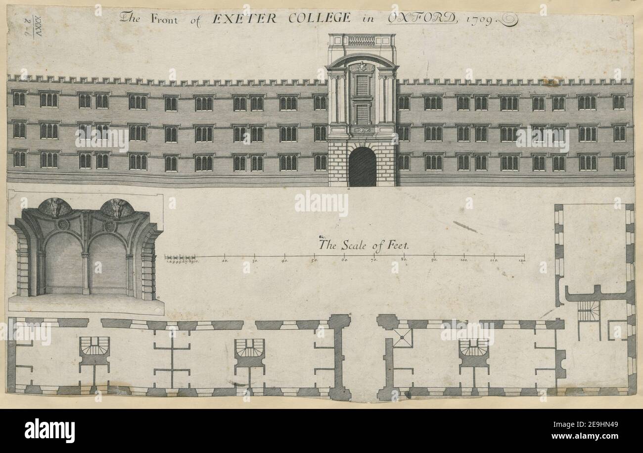 The Front of EXETER COLLEGE in OXFORD, 1709. Autor Burghers, Michael 35,2.B. Ort der Veröffentlichung: [Oxford?] Herausgeber: [Michael Burghers?] Veröffentlichungsdatum: [Um 1709] Art der Artikel: 1 Druckmedium: Radierung Maße: Blatt 28,2 x 45,6 cm (getrimmt unter Plattenmark) ehemaliger Besitzer: George III., König von Großbritannien, 1738-1820 Stockfoto