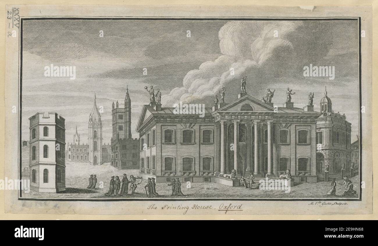 The Printing House, Oxford Autor Gucht, Michael van der 35,23.a. Erscheinungsort: [Oxford] Verlag: [John Baskett] Erscheinungsdatum: [1717] Objekttyp: 1 Druckmedium: Radierung Maße: 15,7 x 27,8 cm (getrimmt below platemark) Ex-Besitzer: George III., King of Great Britain, 1738-1820 Stockfoto