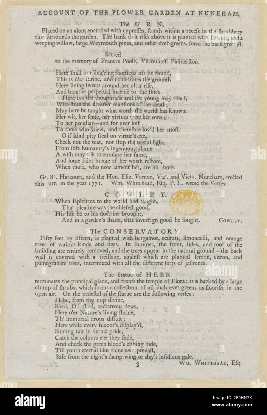 Weitere Beschreibung des Blumengartens in NUNEHAM, vom Tempel der Flora bis zur Statue von Hebe. Autor Kearsley, George 35,32.c,2. Erscheinungsort: [London] Verlag: [George Kearsley the Elder] Erscheinungsdatum: [1777] Objekttyp: 1 Blatt Medium: Buchdruck beidseitig Maße: 25,2 x 17,4 cm Ex-Besitzer: George III, King of Great Britain, 1738-1820 Stockfoto