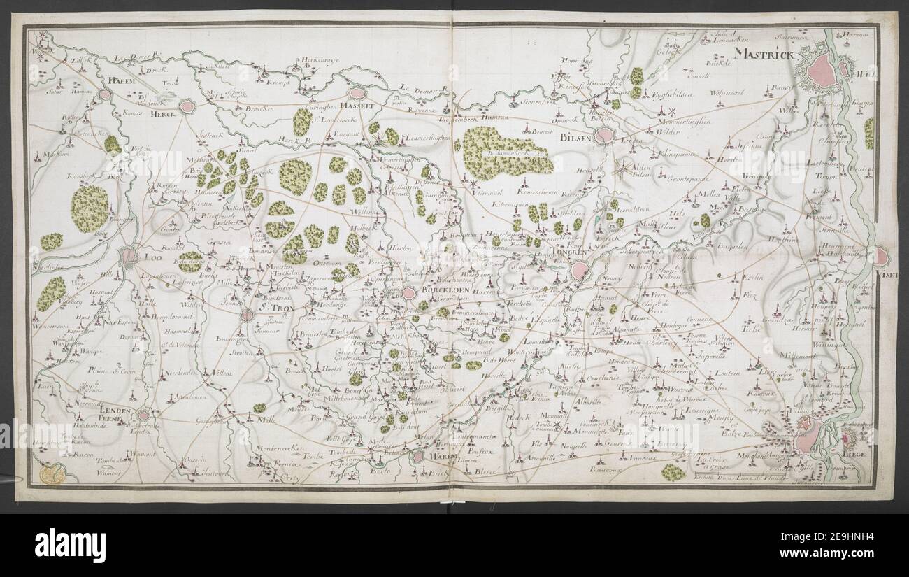 Maastricht, LieÃÄge, Halen, Landen Karteninformationen: Titel: [Maastricht, LieÃÄge, Halen, Landen] 102.61.6 Erscheinungsdatum: 1694-1703 c. Art des Artikels: 1 Karte Medium: Stift und Tinte mit etwas farbiger Wäsche Maße: 36,8 x 68,1 cm. Ehemaliger Besitzer: George III., König von Großbritannien, 1738-1820 Stockfoto